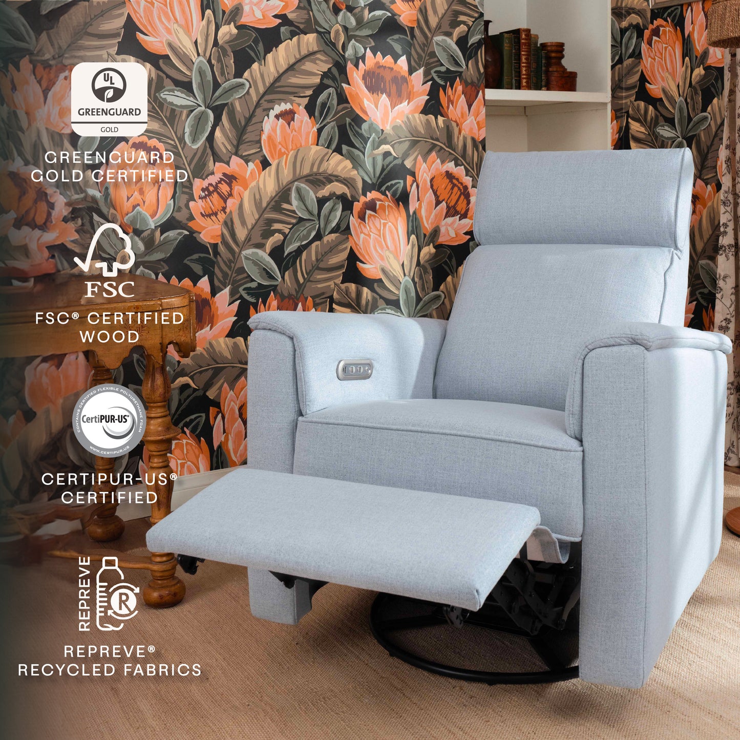 M17186PCET,Namesake,Willa Plus Power Glider Recliner w/ Power Headrest in Performance Blue Chambray Eco-Twill