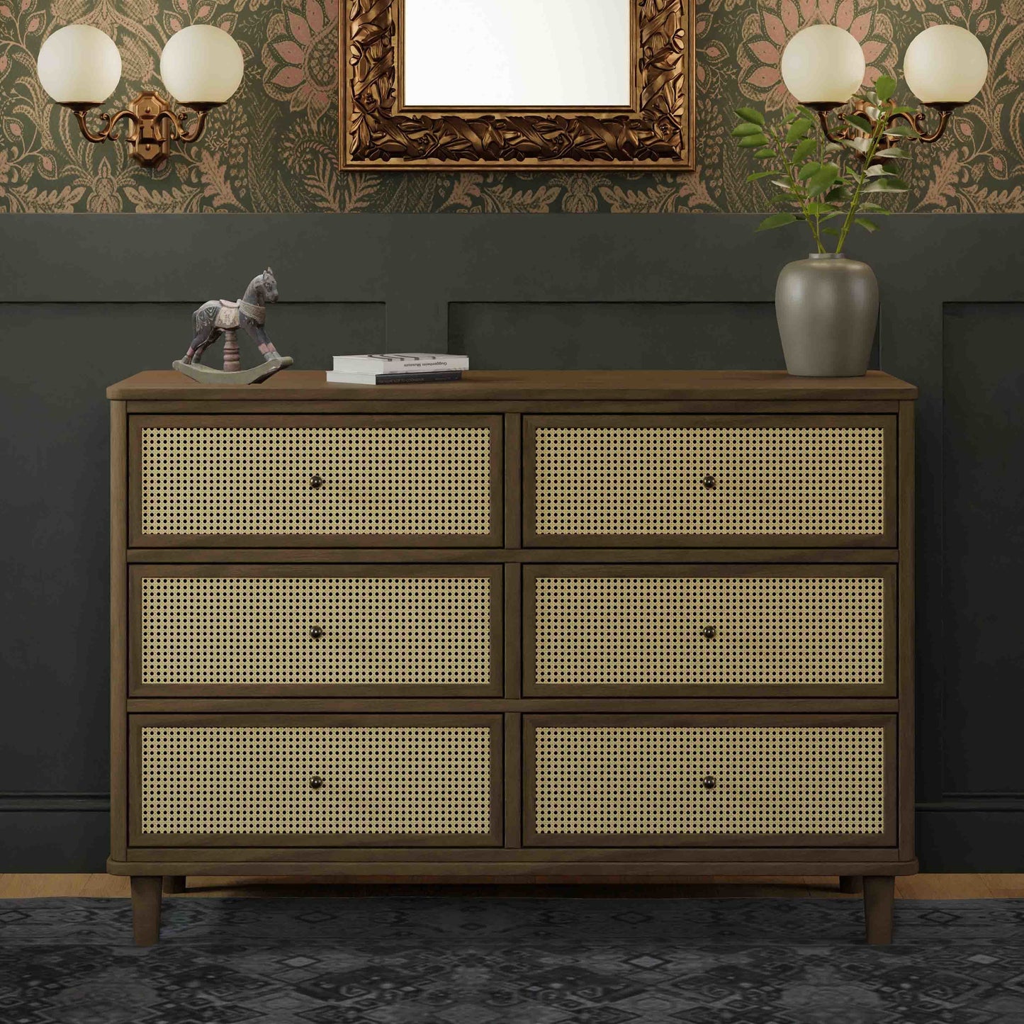 M23716NLBC,Namesake,Marin with Cane 6 Drawer Assembled Dresser in Natural Walnut and Blonde Cane