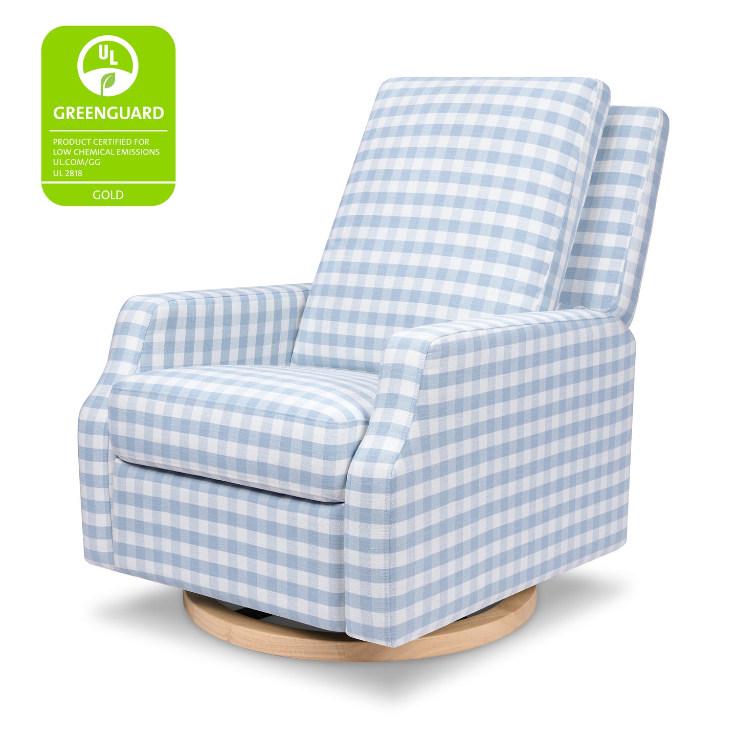 M22287BGHLB,Namesake,Crewe Recliner and Swivel Glider in Blue Gingham with Light Wood Base