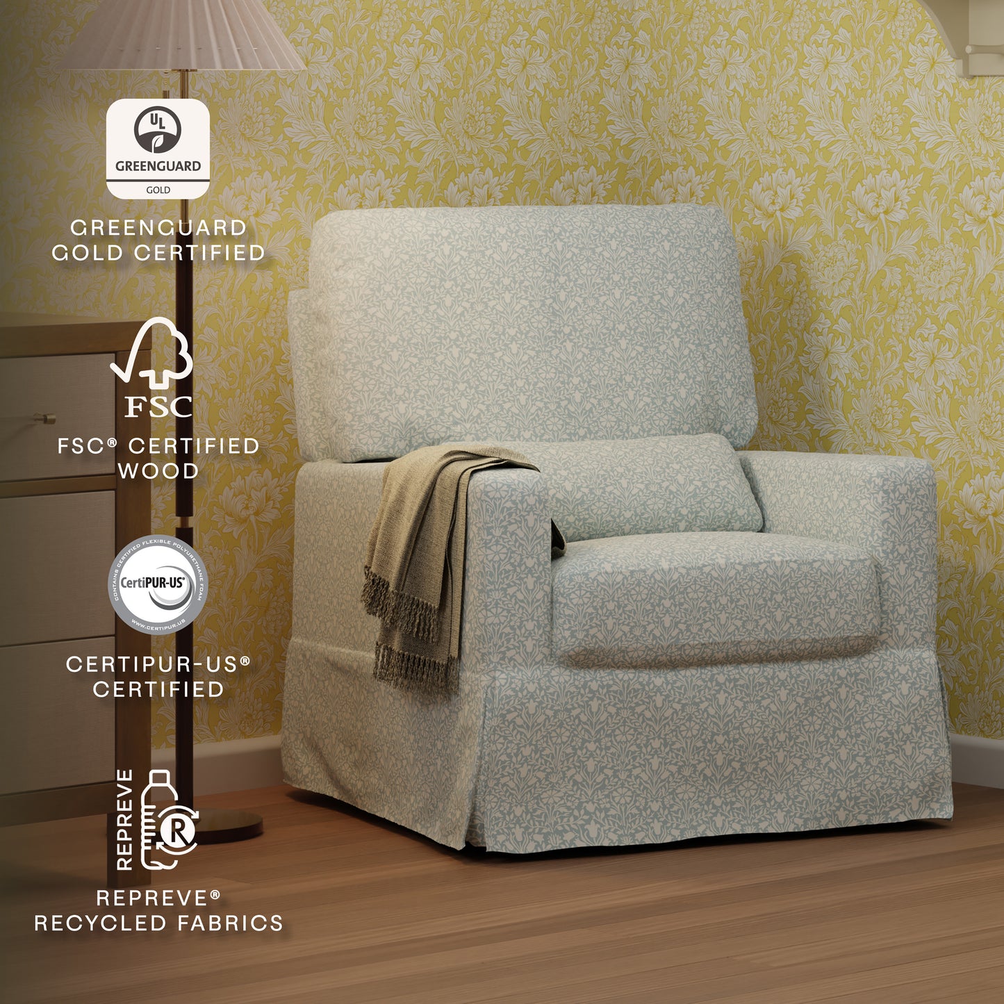 M21787BPB,Namesake,Crawford Pillowback Comfort Swivel Glider in Bellflowers in Powdered Blue