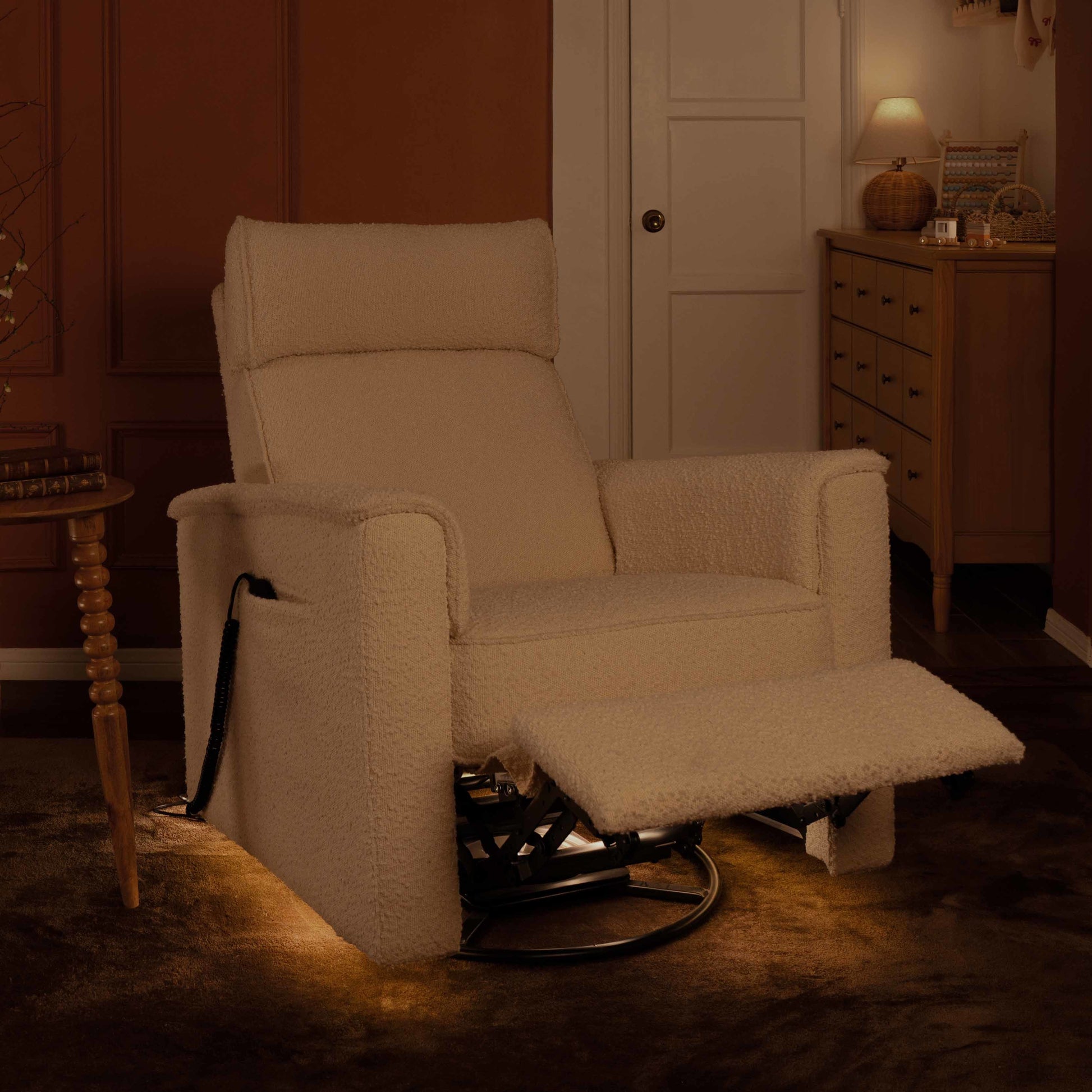 M17183PWB,Namesake,Willa Deluxe Power Glider Recliner w/Heat&Massage in Performance Ivory Boucle