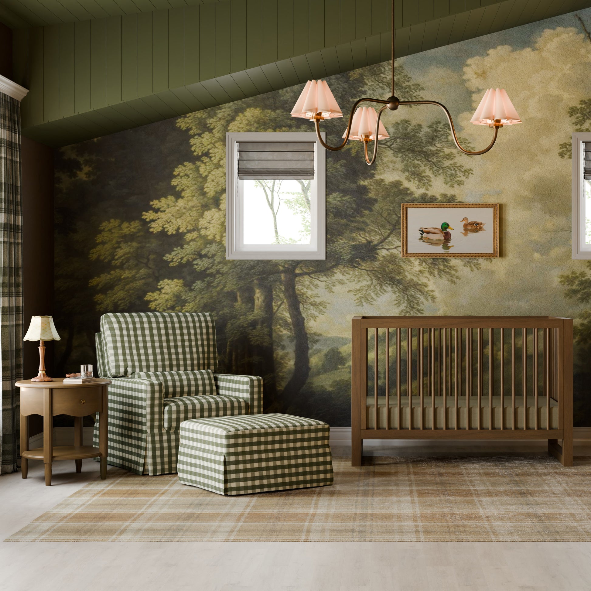 M21785GGH,Namesake,Crawford Gliding Ottoman in Moss Green Gingham