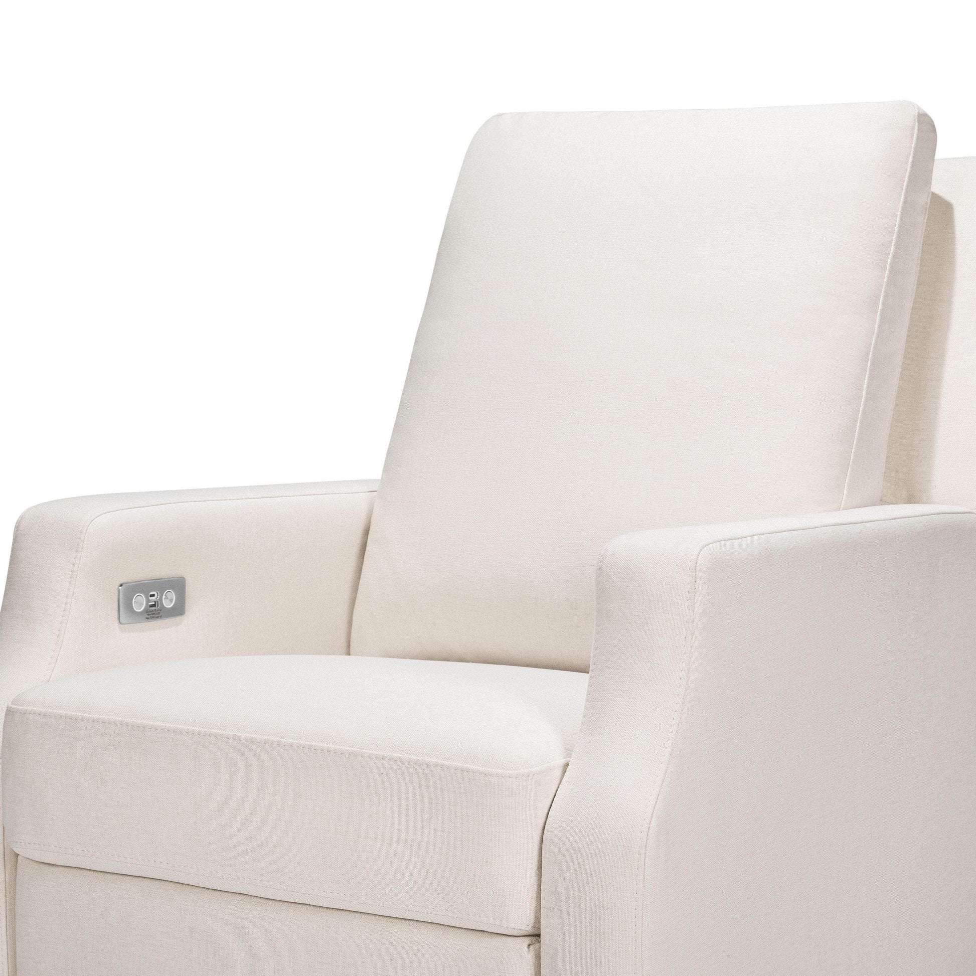 M22286PCMEWLB,Crewe Electronic Swivel Glider Recliner in Performance Cream Eco-Weave w/Light Wood Base