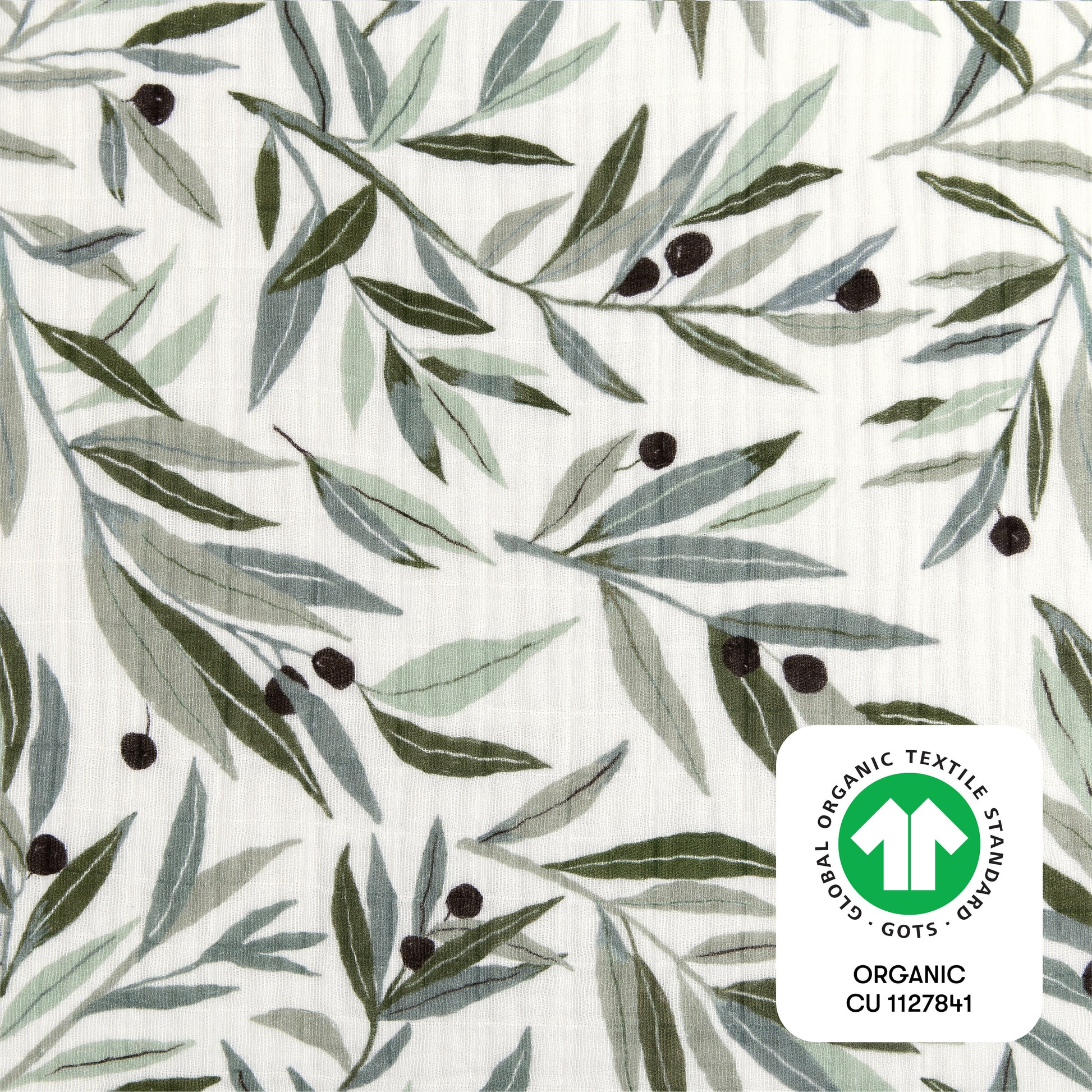 T28235,Olive Branches Muslin Crib Sheet in GOTS Certified Organic Cotton