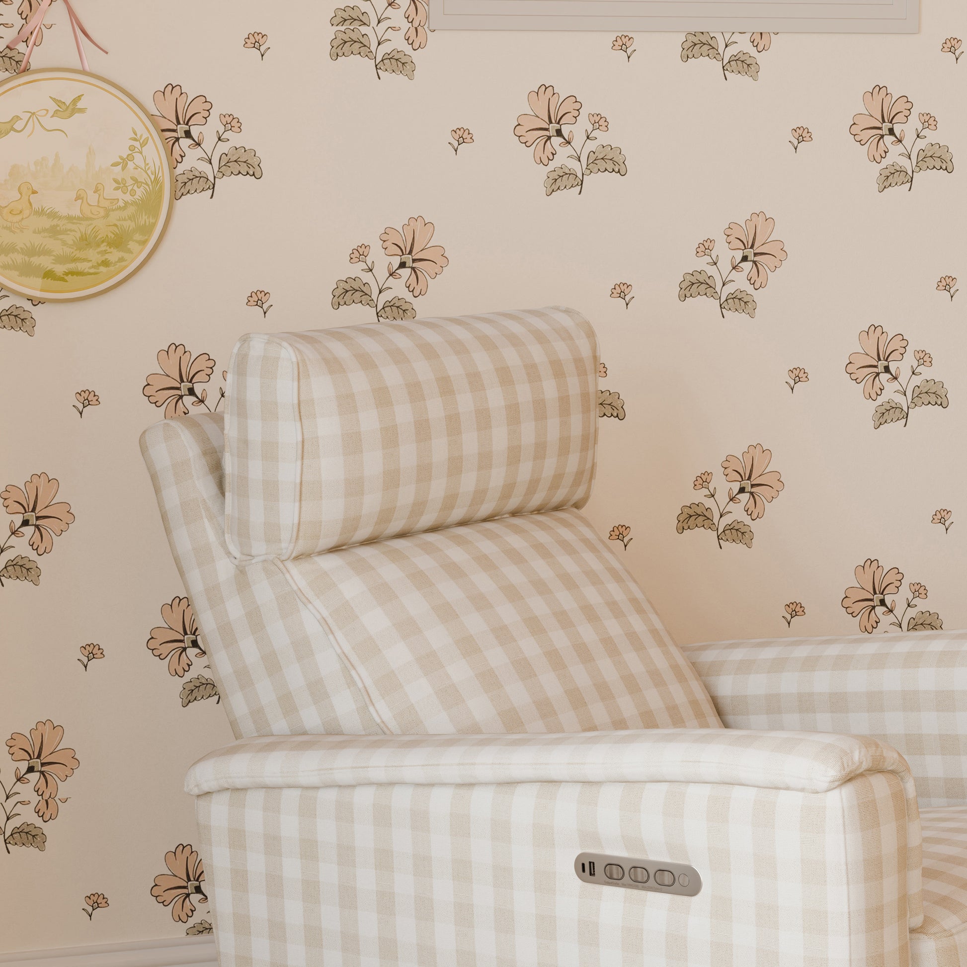 M17182TGH,Namesake,Willa Pro Power Glider Recliner w/ Power Lumbar in Tan Gingham