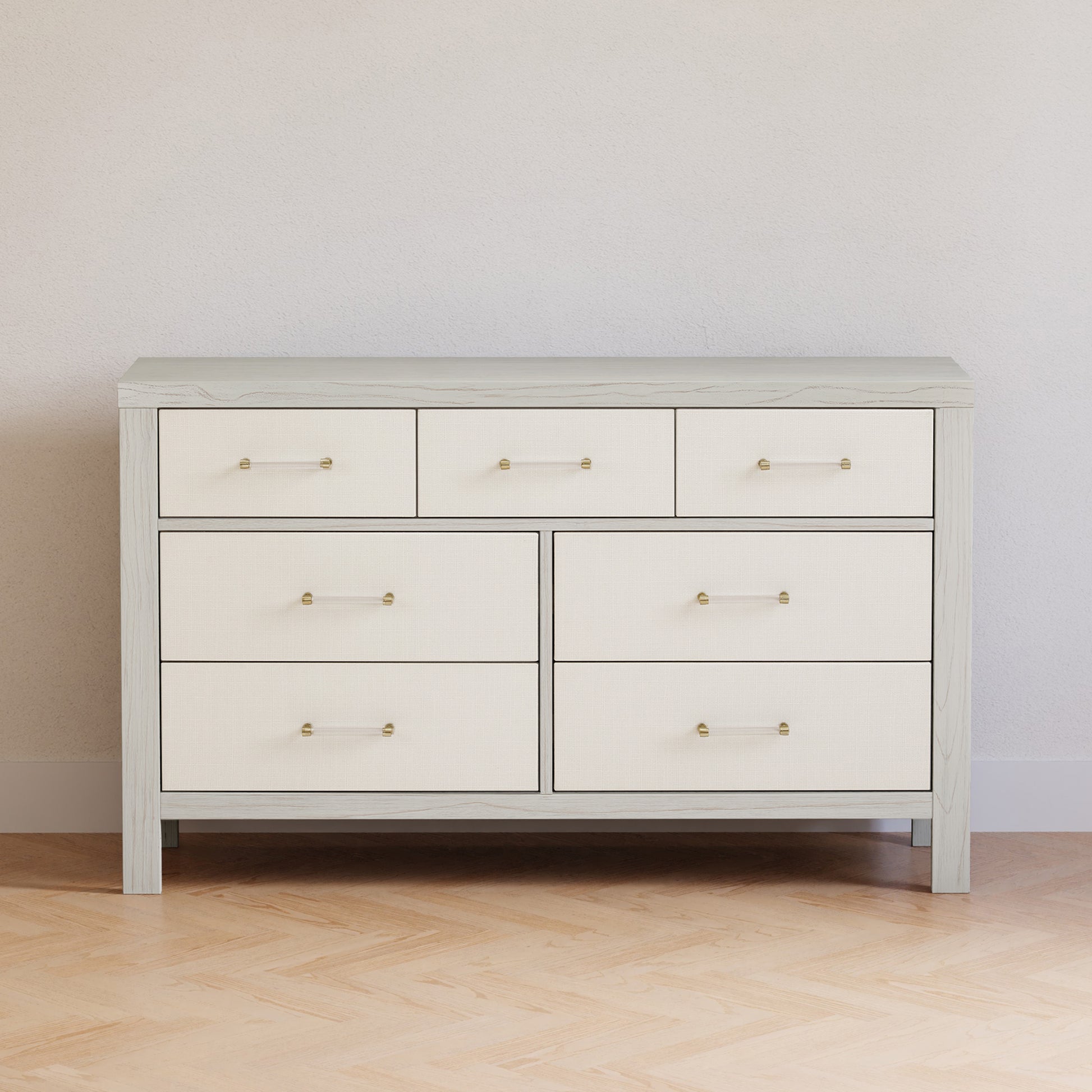 M24816WDFPEW,Namesake,Eloise 7-Drawer Assembled Dresser in White Driftwood and Performance Pearl Eco-Weave