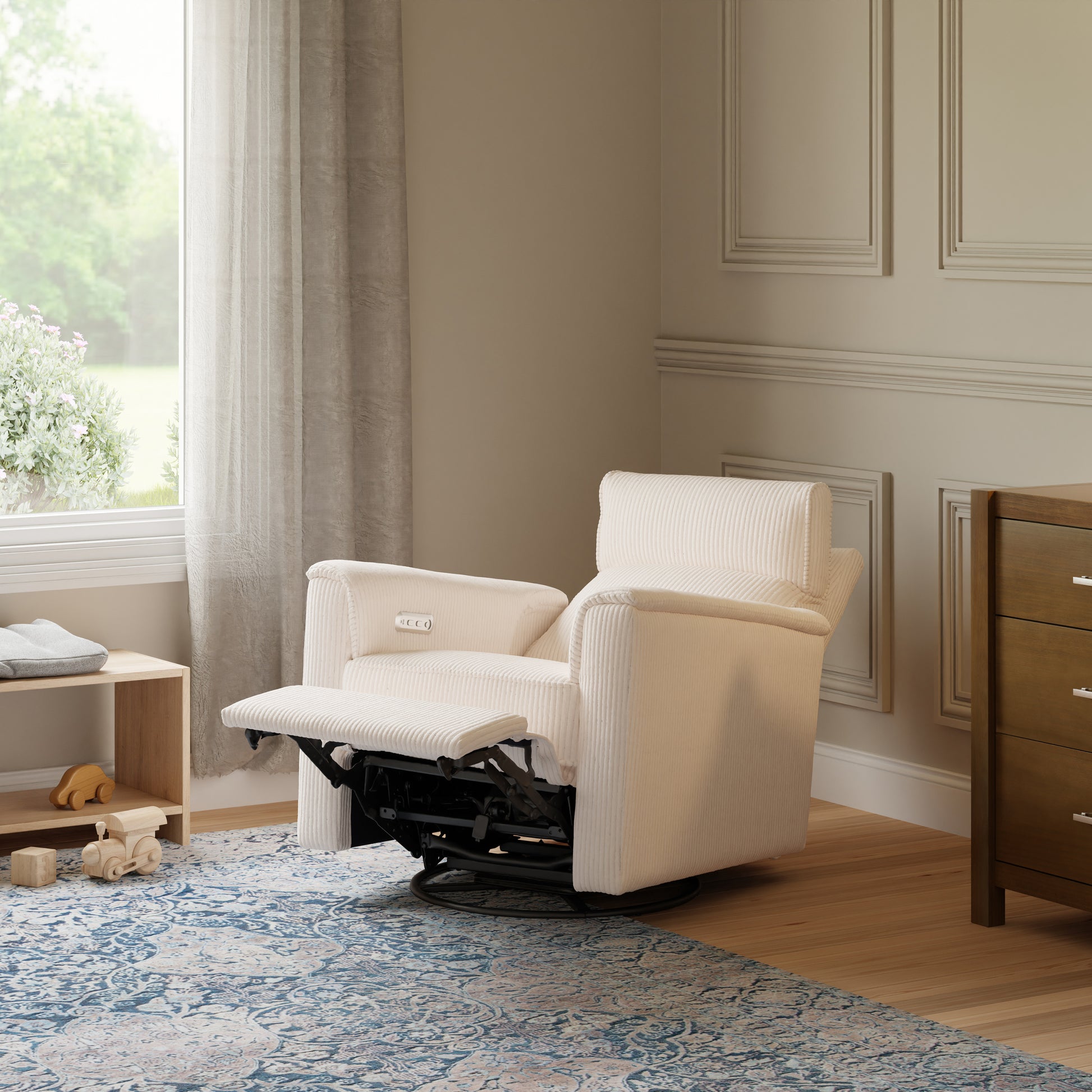 B17186YC,Monogram by Namesake,Willa Plus Power Glider Recliner w/ Power Headrest in Ivory Corduroy