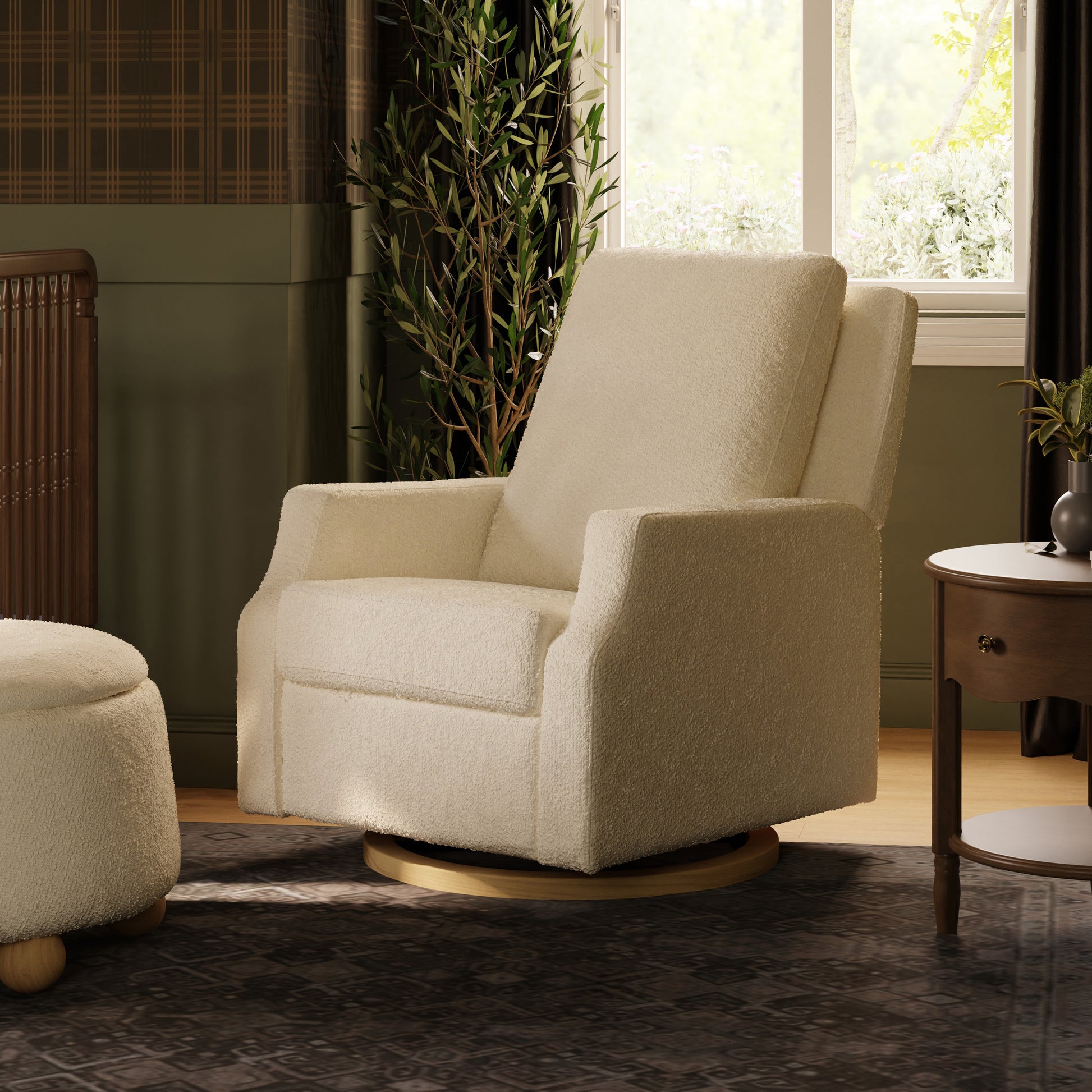 M22286WBLB,Namesake,Crewe Electronic Swivel Glider Recliner in Ivory Boucle w/Light Wood Base