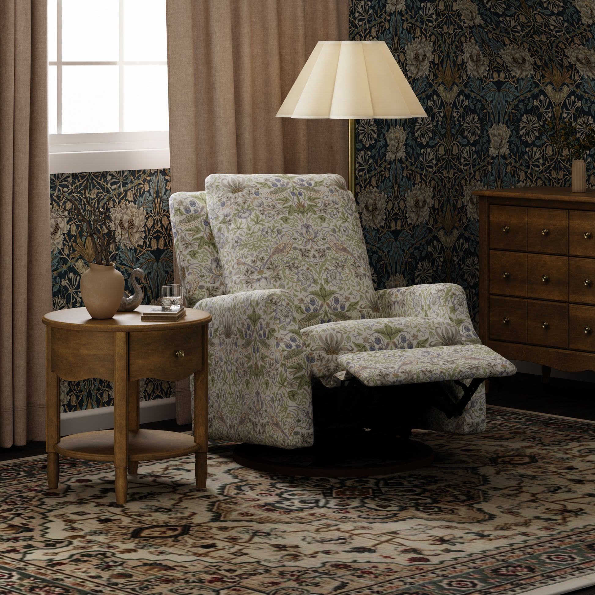 M22287TTFTDB,Namesake,Crewe Recliner and Swivel Glider in Strawberry Thief in Fig &Thyme w/Dark Wood Base