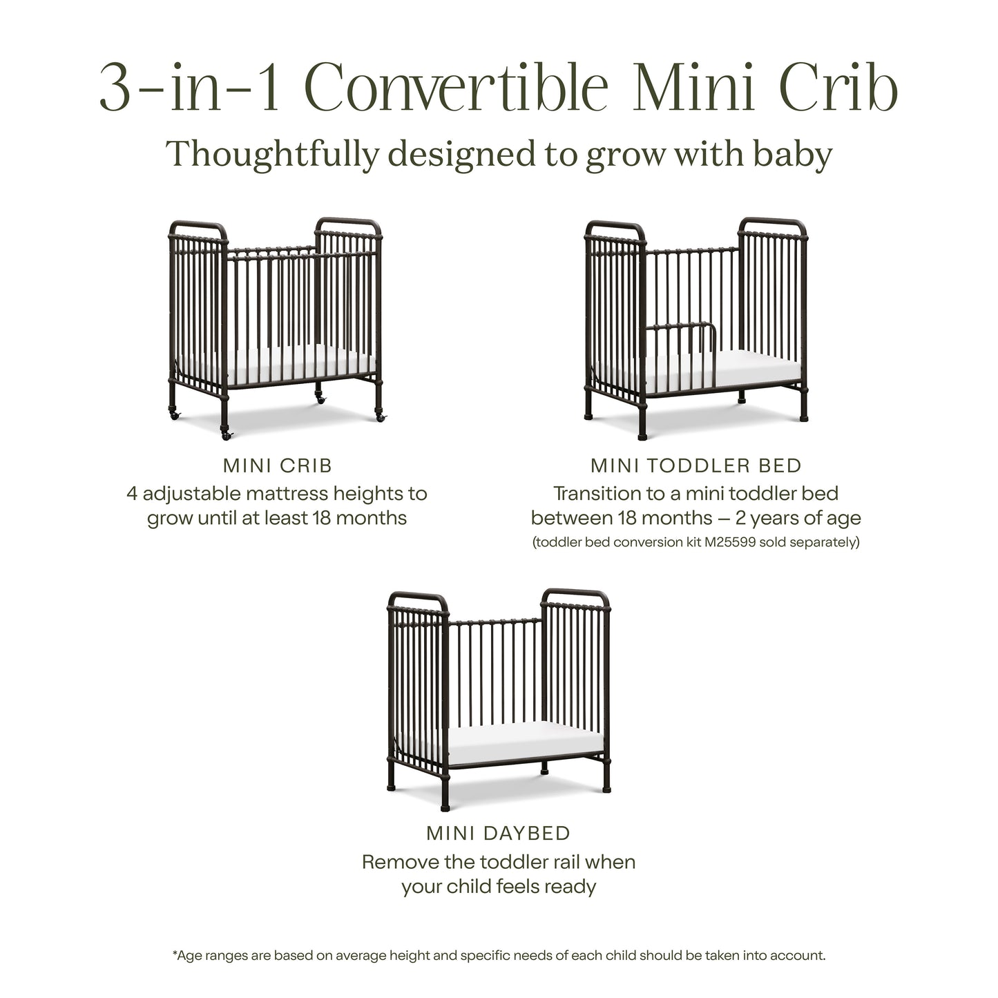 M15598UR,Abigail 3-in-1 Convertible Mini Crib in Vintage Iron
