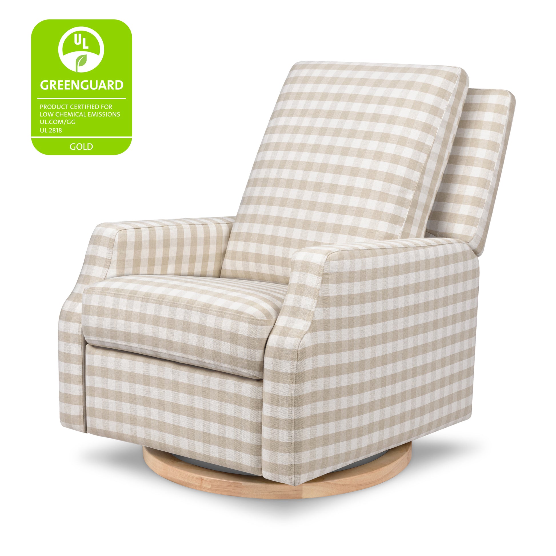 M22286TGHLB,Namesake,Crewe Electronic Swivel Glider Recliner in Tan Gingham with Light Wood Base