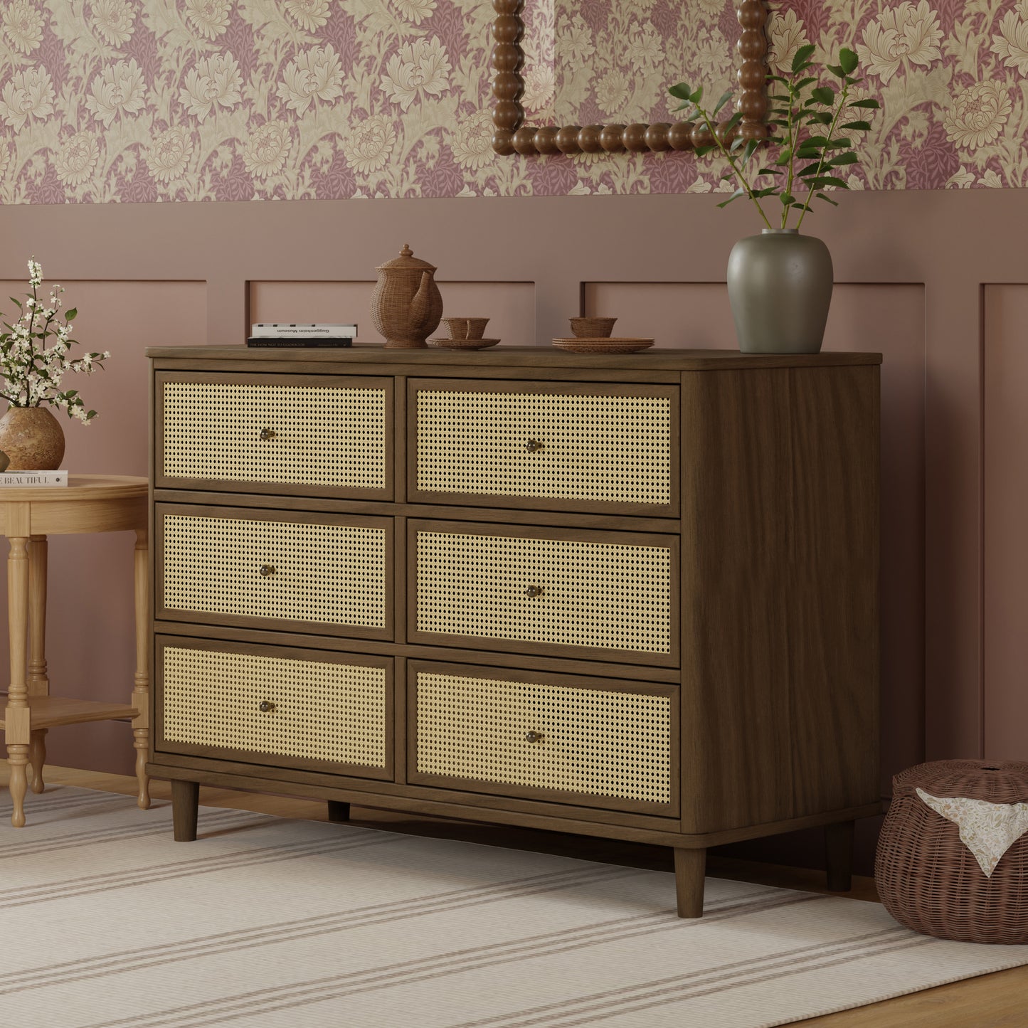 M23716NLBC,Namesake,Marin with Cane 6 Drawer Assembled Dresser in Natural Walnut and Blonde Cane