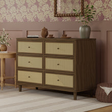 M23716NLBC,Namesake,Marin with Cane 6 Drawer Assembled Dresser in Natural Walnut and Blonde Cane