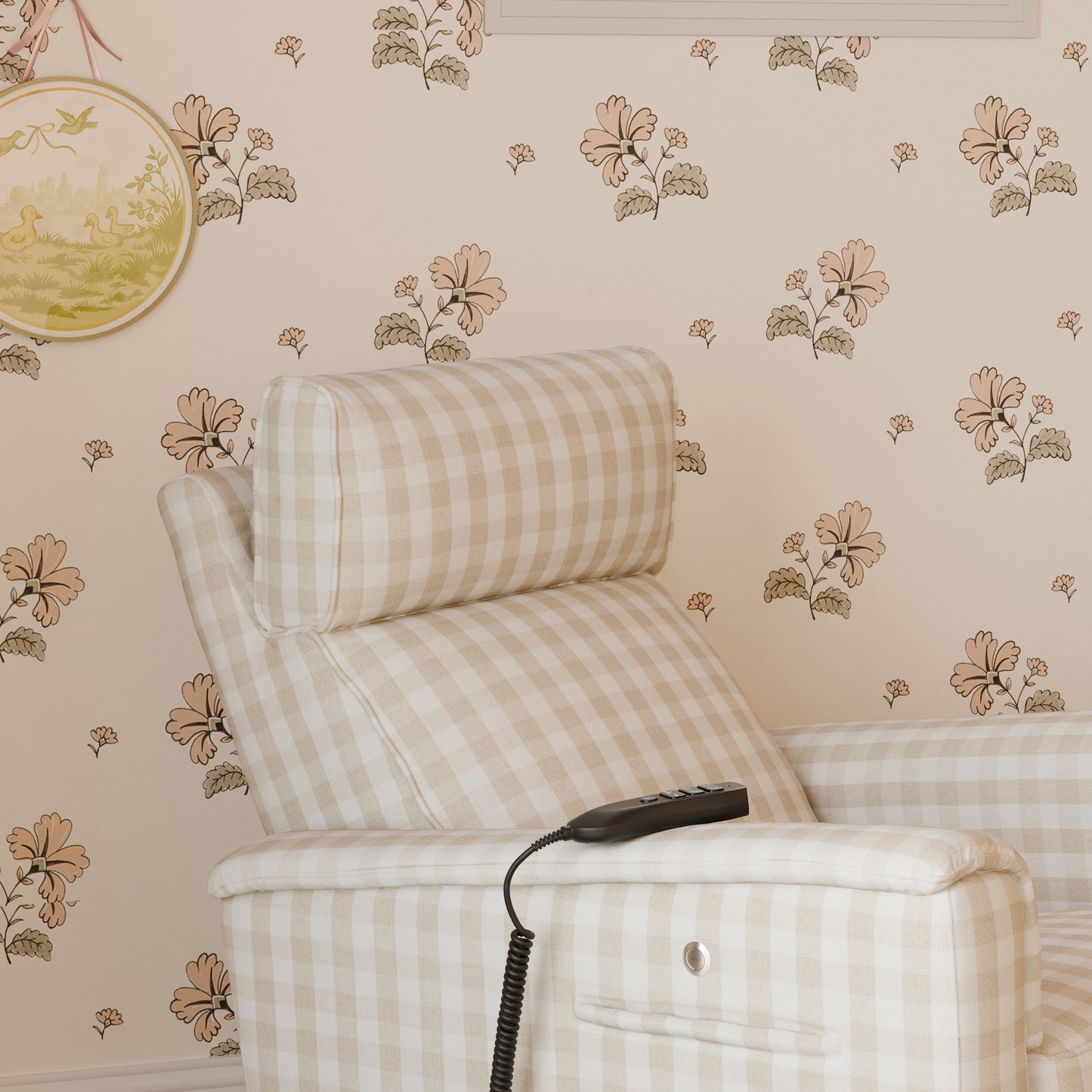 M17183TGH,Namesake,Willa Deluxe Power Glider Recliner w/Heat&Massage in Tan Gingham