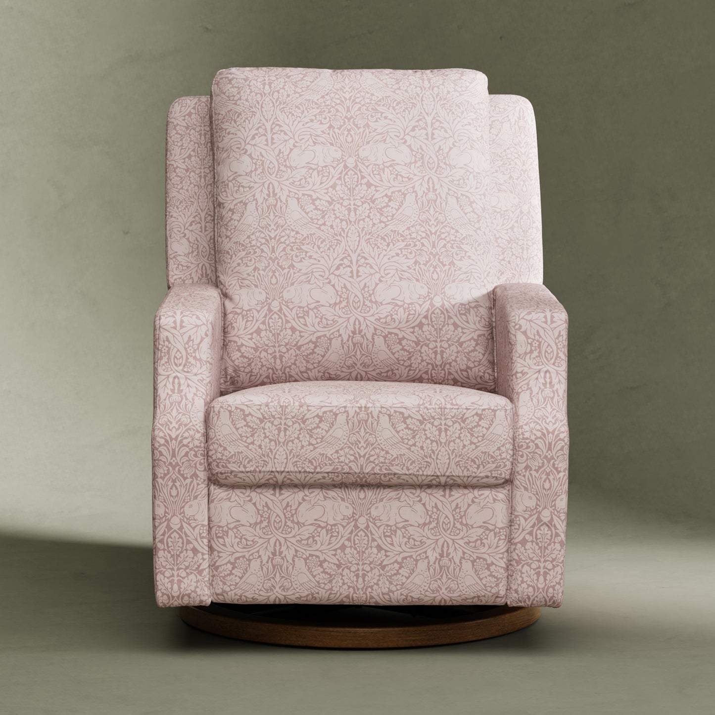 M22287PBRRDB,Namesake,Crewe Recliner and Swivel Glider in Pure Brer Rabbit in Rose w/Dark Wood Base