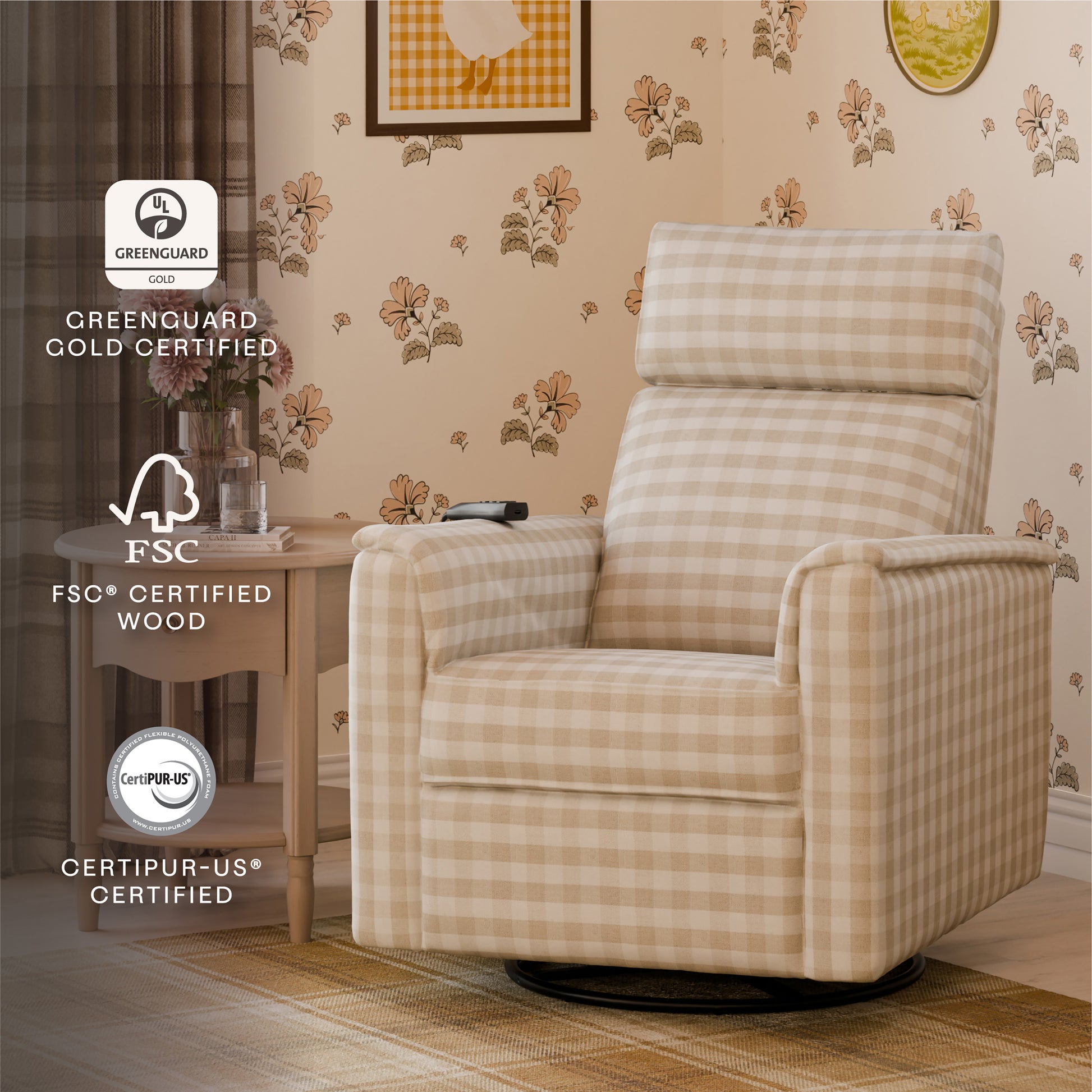 M17183TGH,Namesake,Willa Deluxe Power Glider Recliner w/Heat&Massage in Tan Gingham