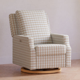 M22286TGHLB,Namesake,Crewe Electronic Swivel Glider Recliner in Tan Gingham with Light Wood Base