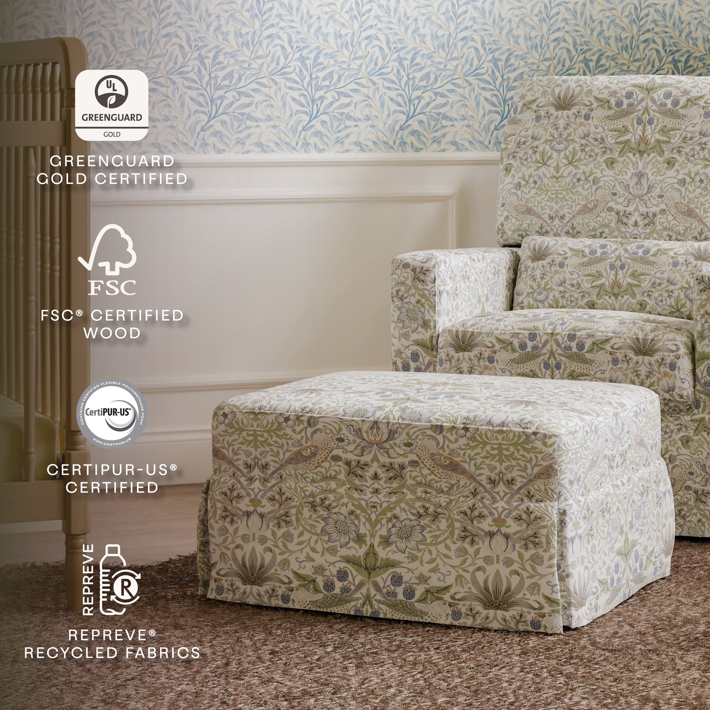 M21785TTFT,Namesake,Crawford Gliding Ottoman in Strawberry Thief in Fig & Thyme