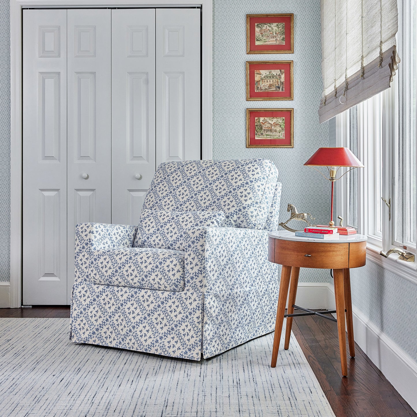 M21787BLT,Namesake,Sarah Flint x Namesake Crawford Swivel Glider in Blue Lattice Performance Eco-Weave