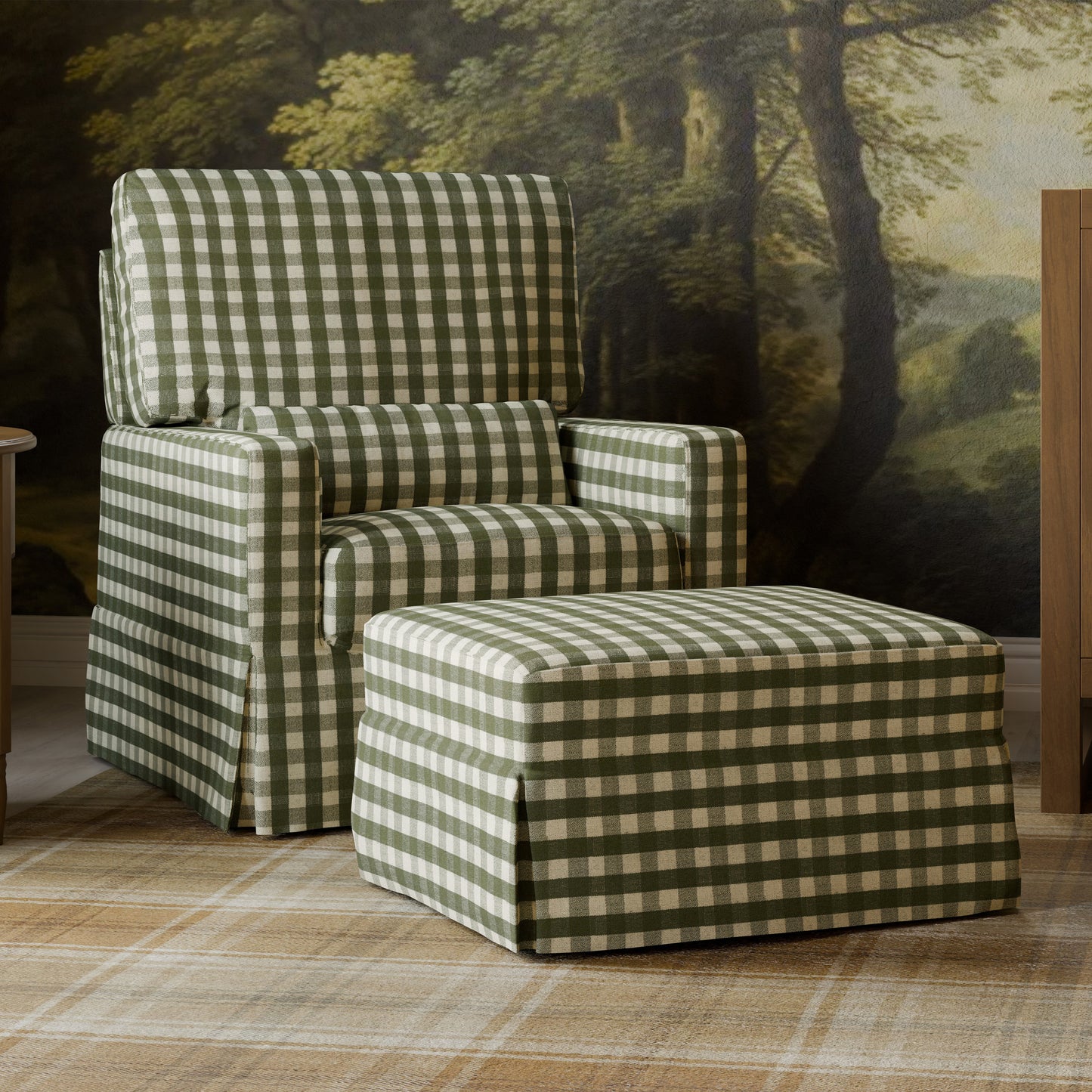 M21785GGH,Namesake,Crawford Gliding Ottoman in Moss Green Gingham