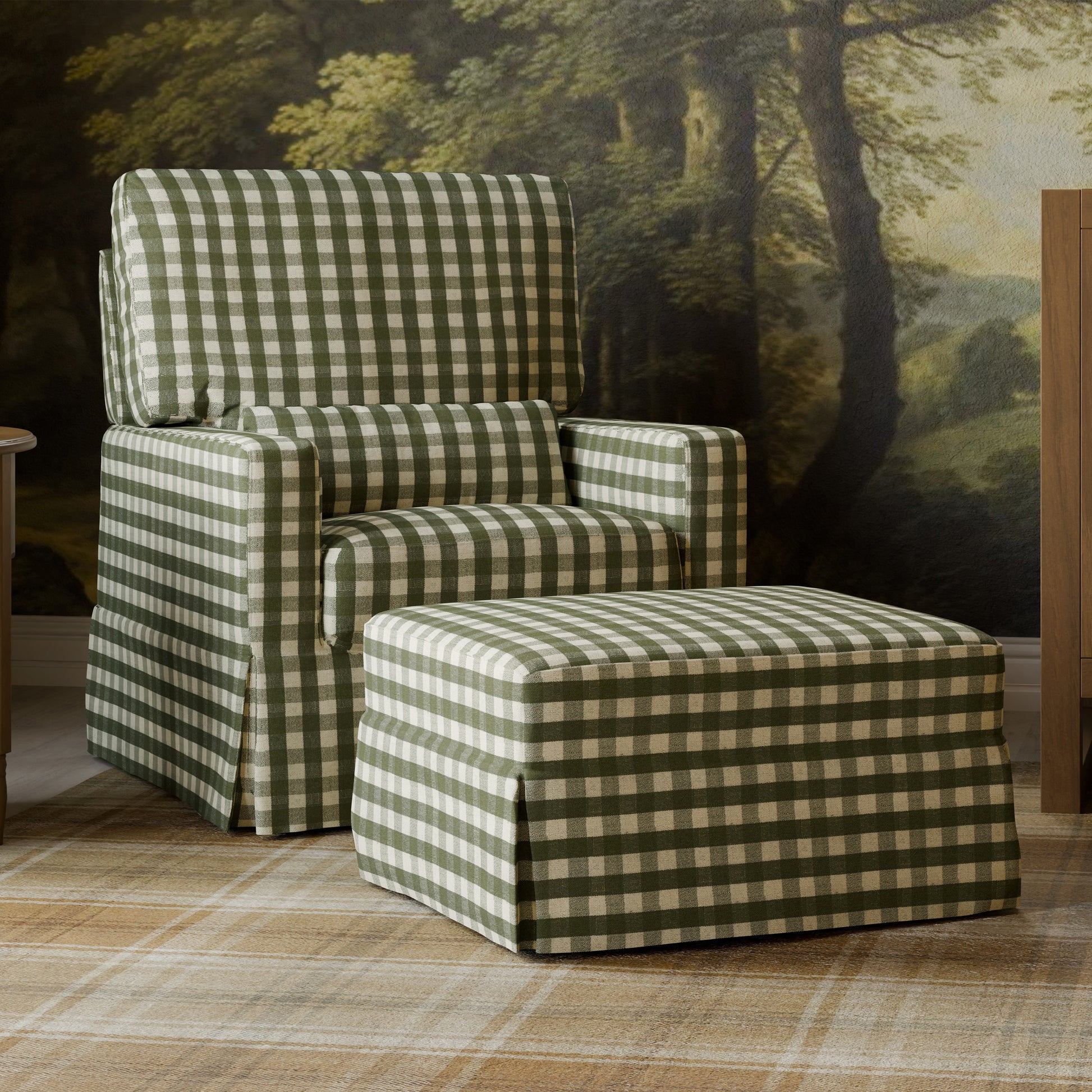 M21785GGH,Namesake,Crawford Gliding Ottoman in Moss Green Gingham