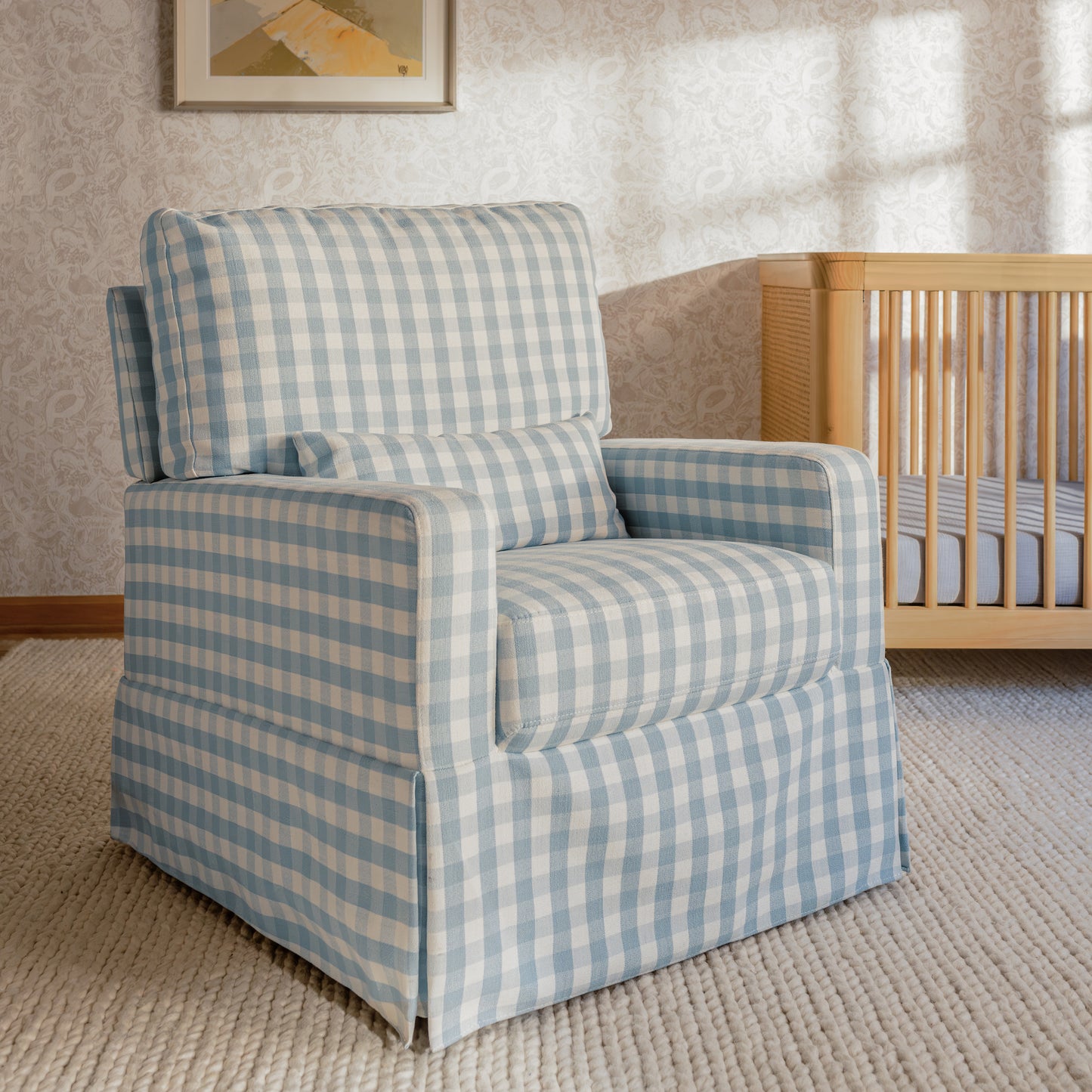 M21787BGH,Crawford Pillowback Comfort Swivel Glider in Blue Gingham