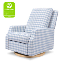M22286BGHLB,Namesake,Crewe Electronic Swivel Glider Recliner in Blue Gingham with Light Wood Base