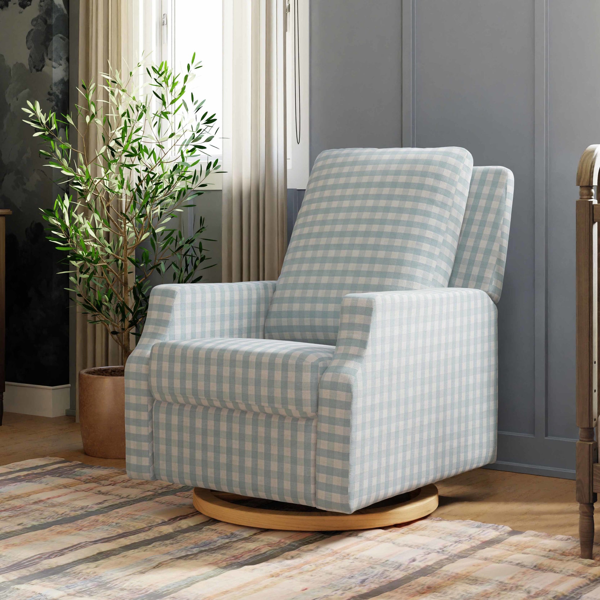 M22287BGHLB,Namesake,Crewe Recliner and Swivel Glider in Blue Gingham with Light Wood Base