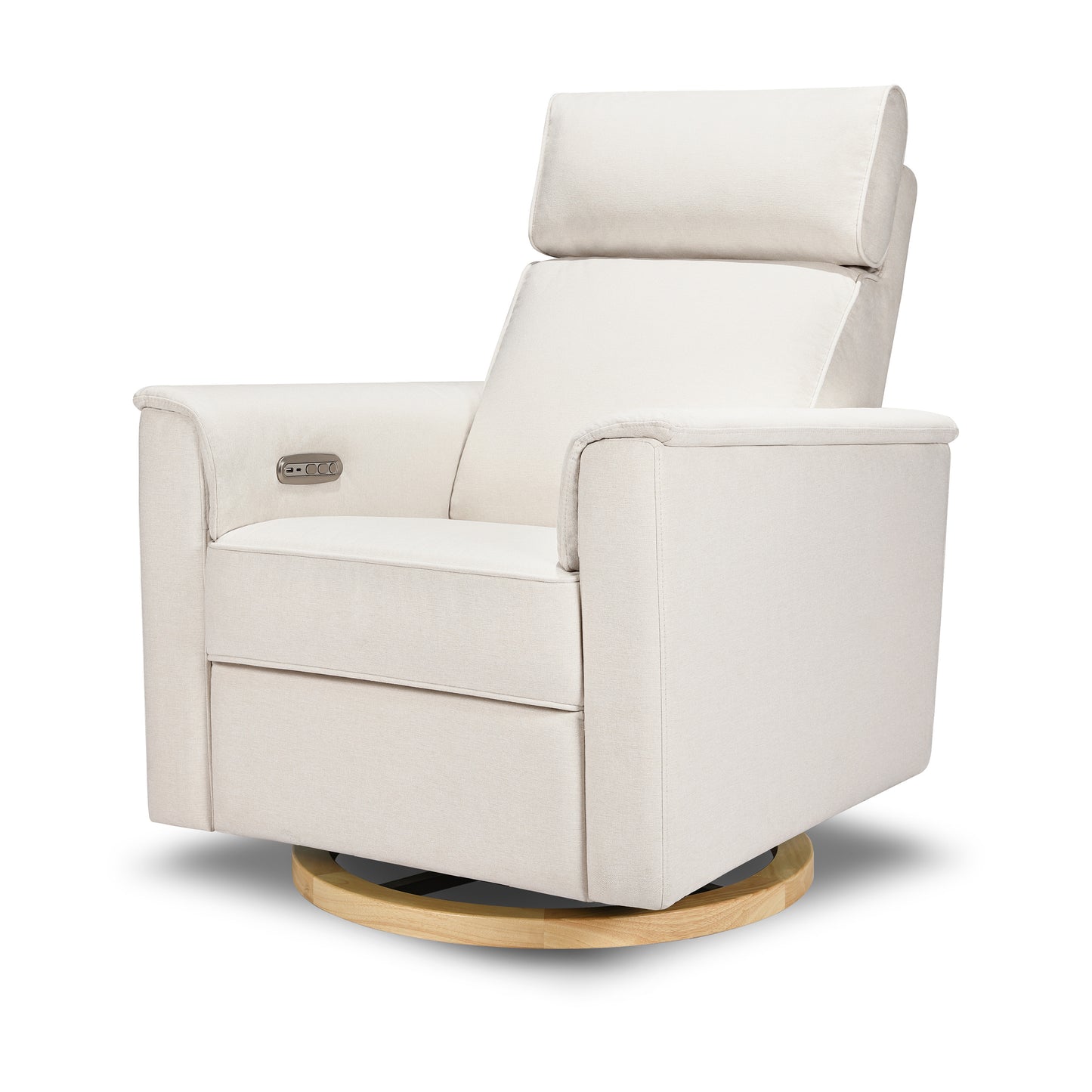 B17186PCMEWLB,Monogram by Namesake,Willa Plus Power Glider Recliner w/ Power Headrest in Performance Cream Eco-Weave w/Light Wood base