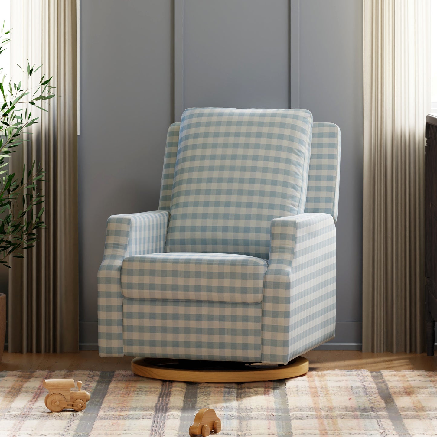 M22286BGHLB,Namesake,Crewe Electronic Swivel Glider Recliner in Blue Gingham with Light Wood Base