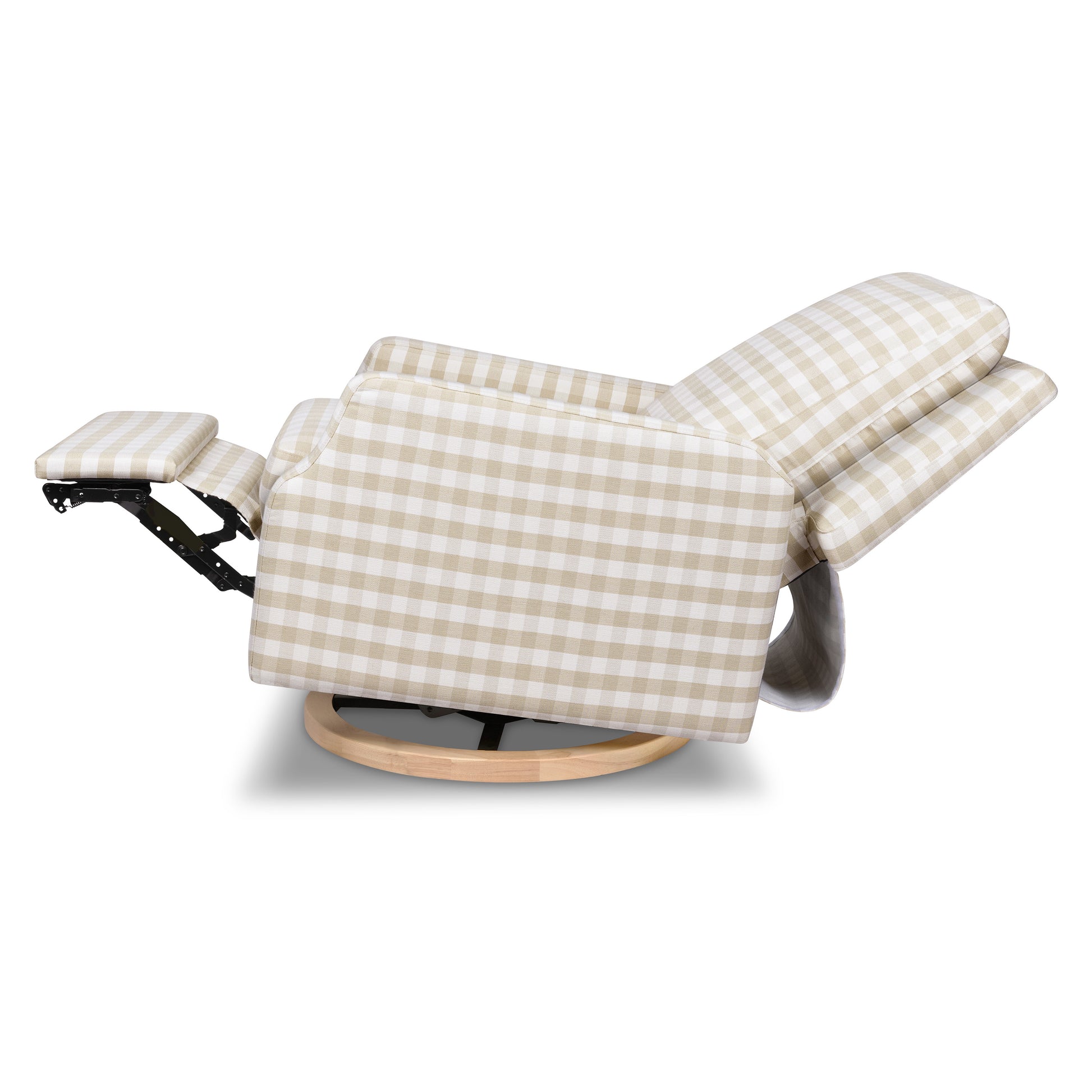 M22286TGHLB,Crewe Electronic Swivel Glider Recliner in Tan Gingham with Light Wood Base
