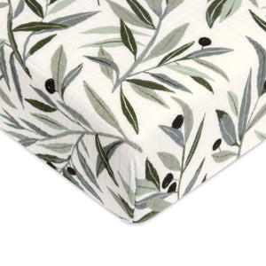 T28235,Babyletto,Olive Branches Muslin Crib Sheet in GOTS Certified Organic Cotton