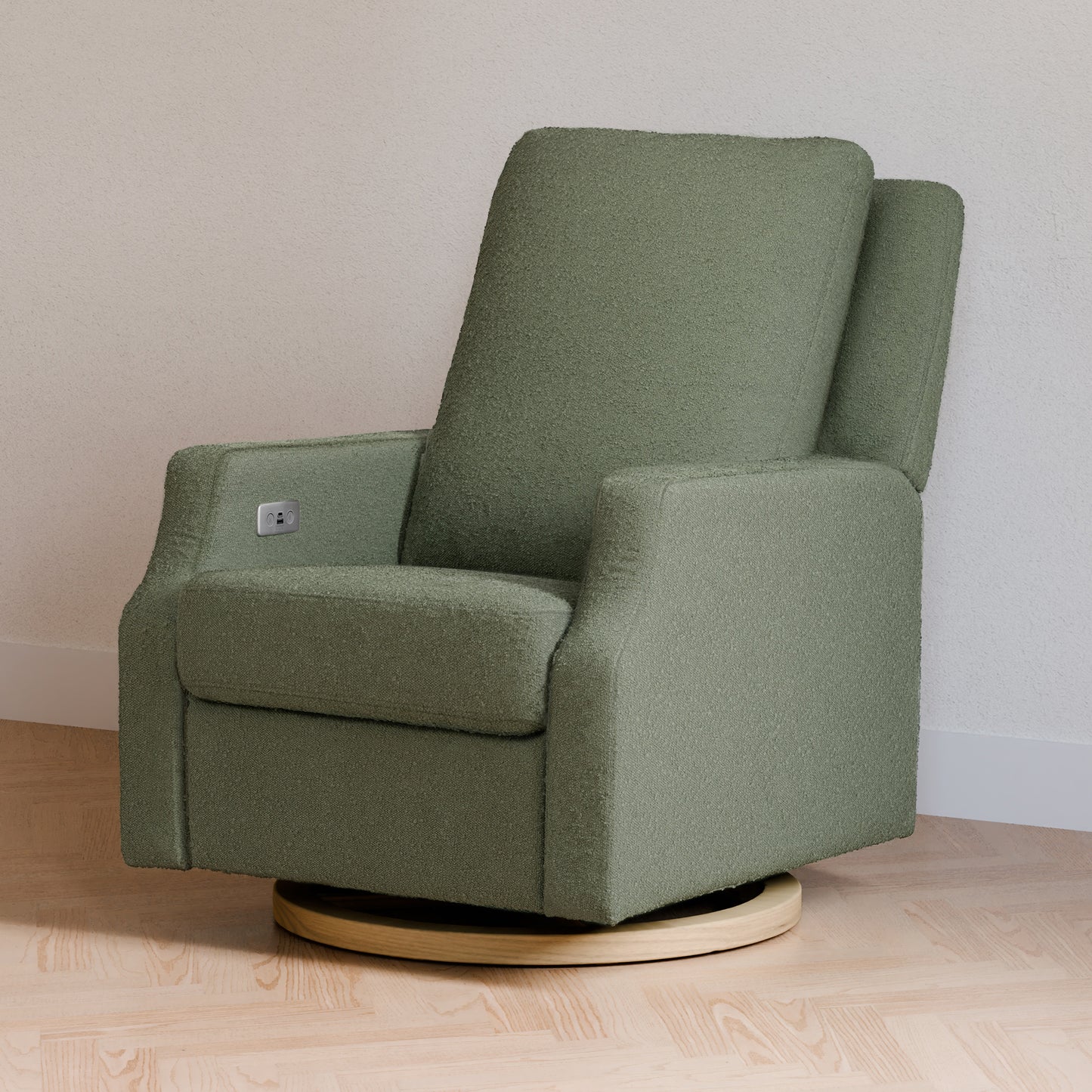 M22286OBLB,Namesake,Crewe Electronic Swivel Glider Recliner in Olive Boucle w/Light Wood Base