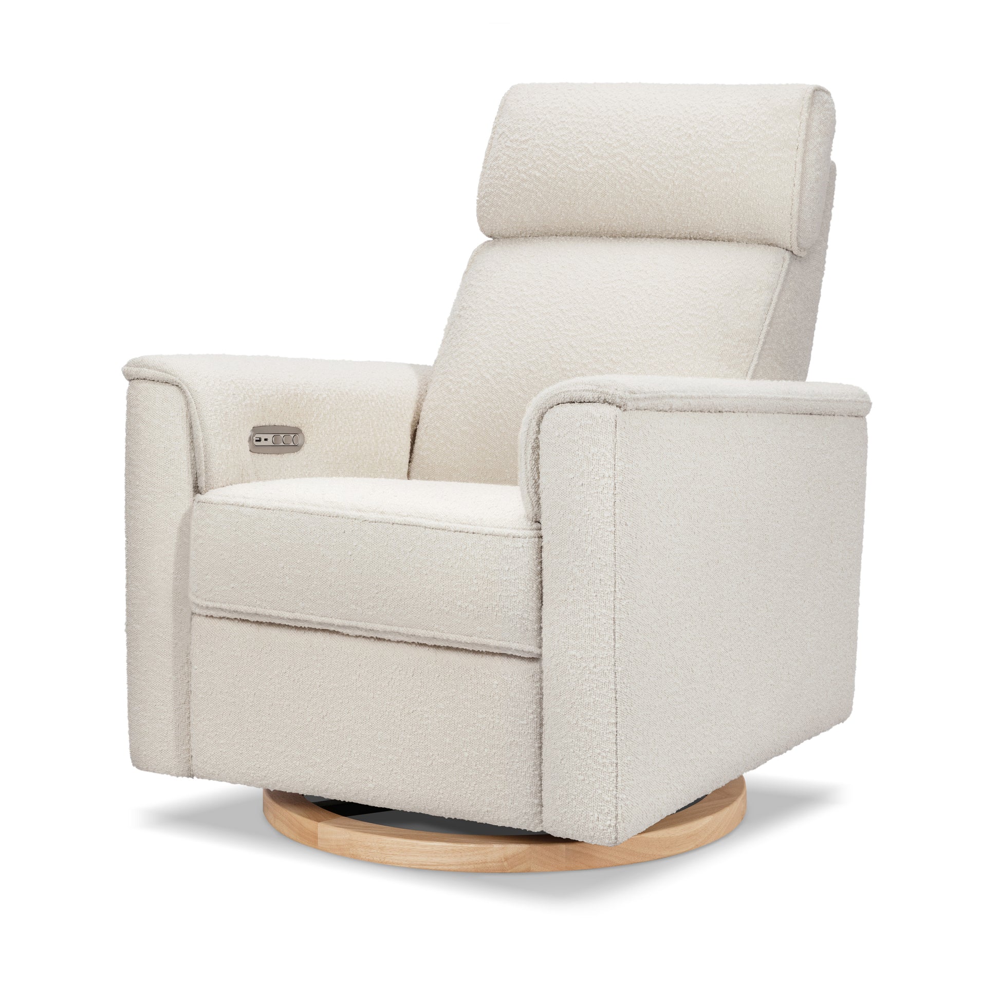 B17186WBLB,Monogram by Namesake,Willa Plus Power Glider Recliner w/ Power Headrest in Ivory Boucle with Light Wood Base