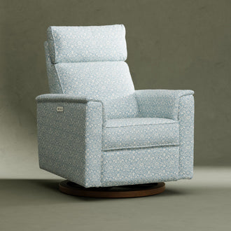 M17186BPBDB,Namesake,Willa Plus Power Glider Recliner w/ Power Headrest in Bellflowers in Powdered Blue w/ Dark Wood Base