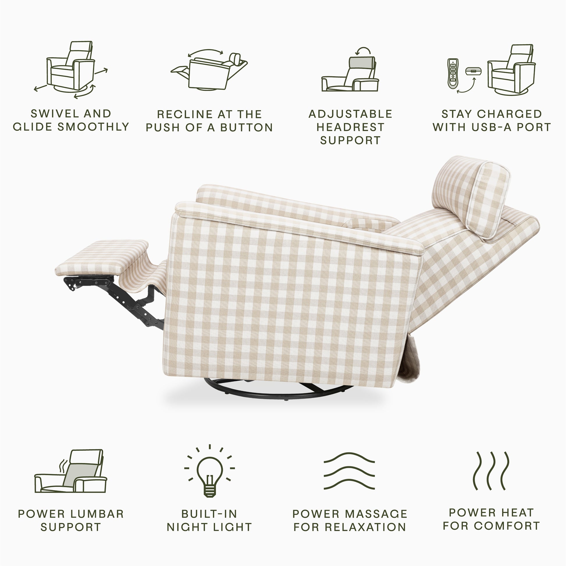 M17183TGH,Namesake,Willa Deluxe Power Glider Recliner w/Heat&Massage in Tan Gingham
