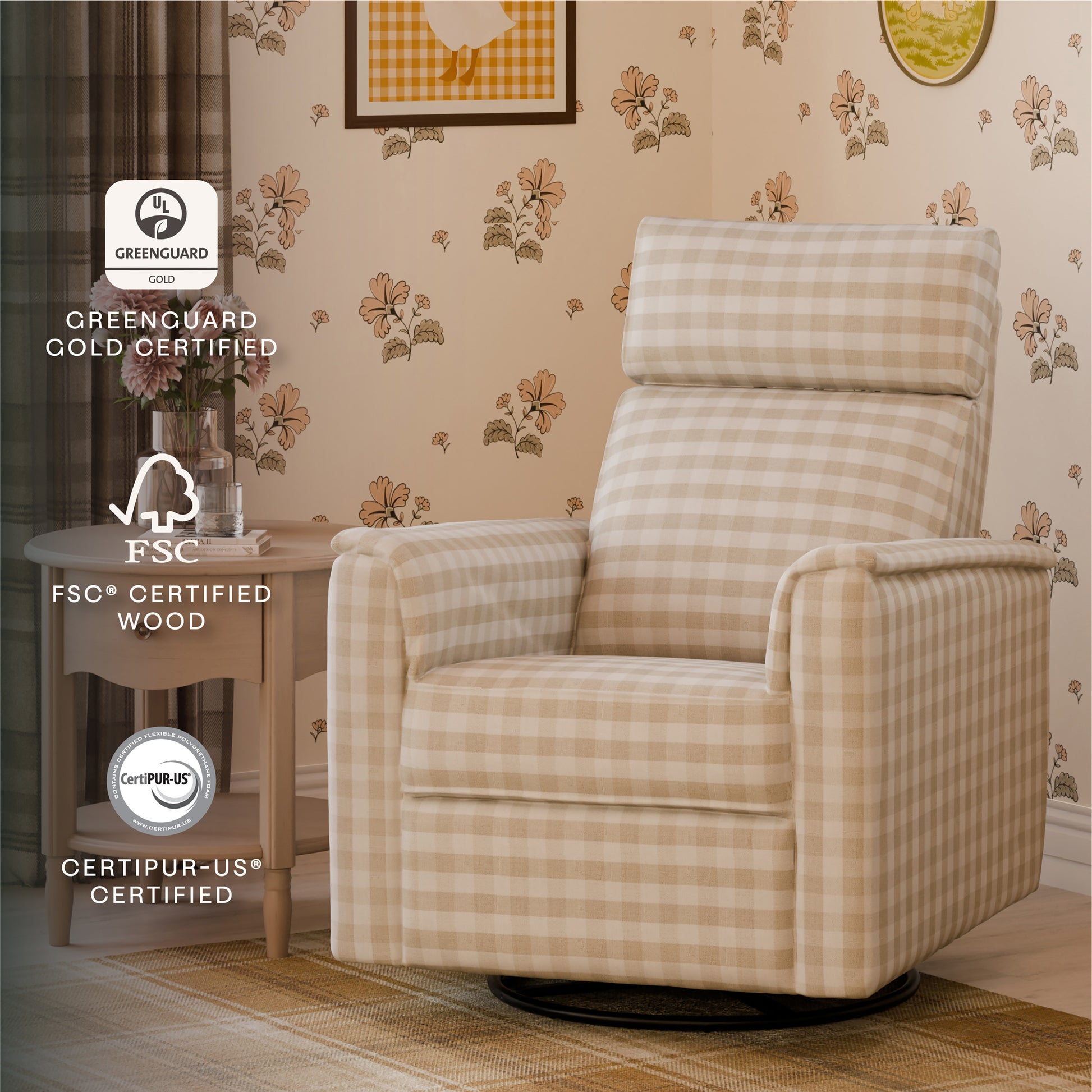 M17182TGH,Namesake,Willa Pro Power Glider Recliner w/ Power Lumbar in Tan Gingham