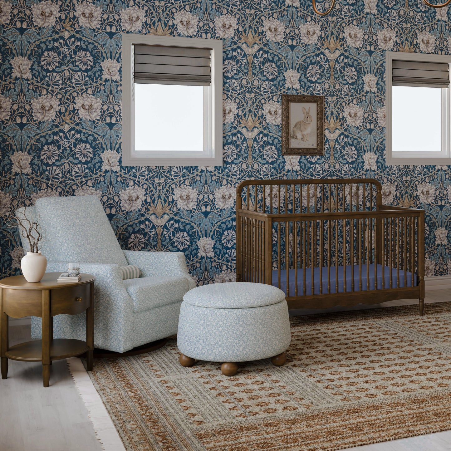 M30985BPBDF,Namesake,Tuffet Storage Ottoman Bellflowers in Powdered Blue w/DarkWood Ball Feet