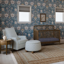 M30985BPBDF,Namesake,Tuffet Storage Ottoman Bellflowers in Powdered Blue w/DarkWood Ball Feet