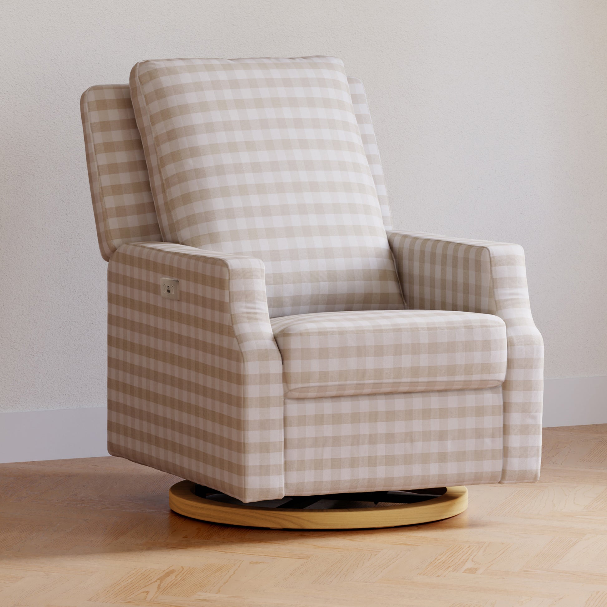 M22286TGHLB,Namesake,Crewe Electronic Swivel Glider Recliner in Tan Gingham with Light Wood Base