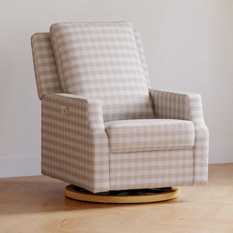 M22286TGHLB,Namesake,Crewe Electronic Swivel Glider Recliner in Tan Gingham with Light Wood Base