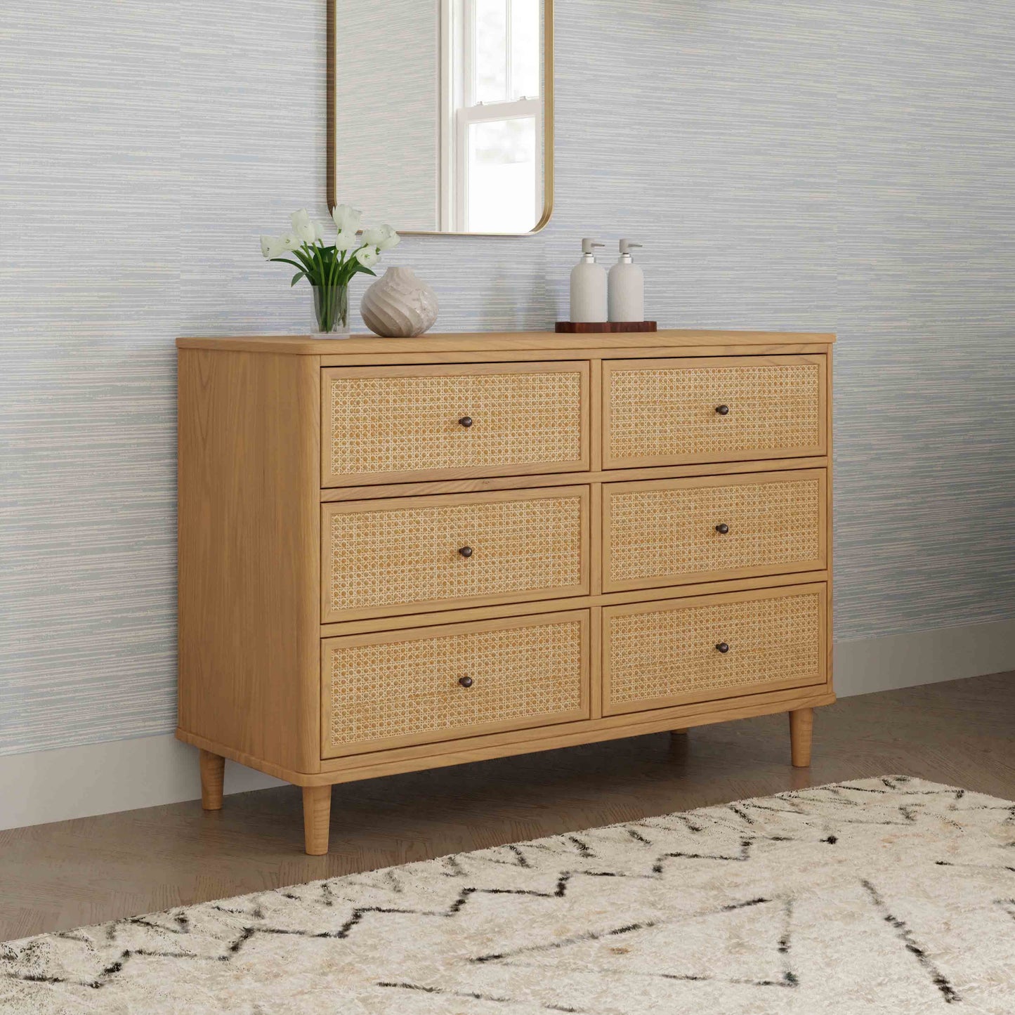 M23716HYHC,Namesake,Marin with Cane 6 Drawer Assembled Dresser in Honey and Honey Cane