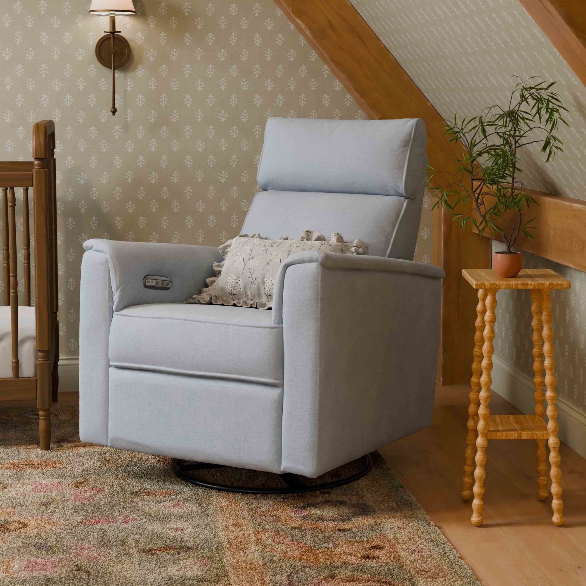 M17186PCET,Namesake,Willa Plus Power Glider Recliner w/ Power Headrest in Performance Blue Chambray Eco-Twill