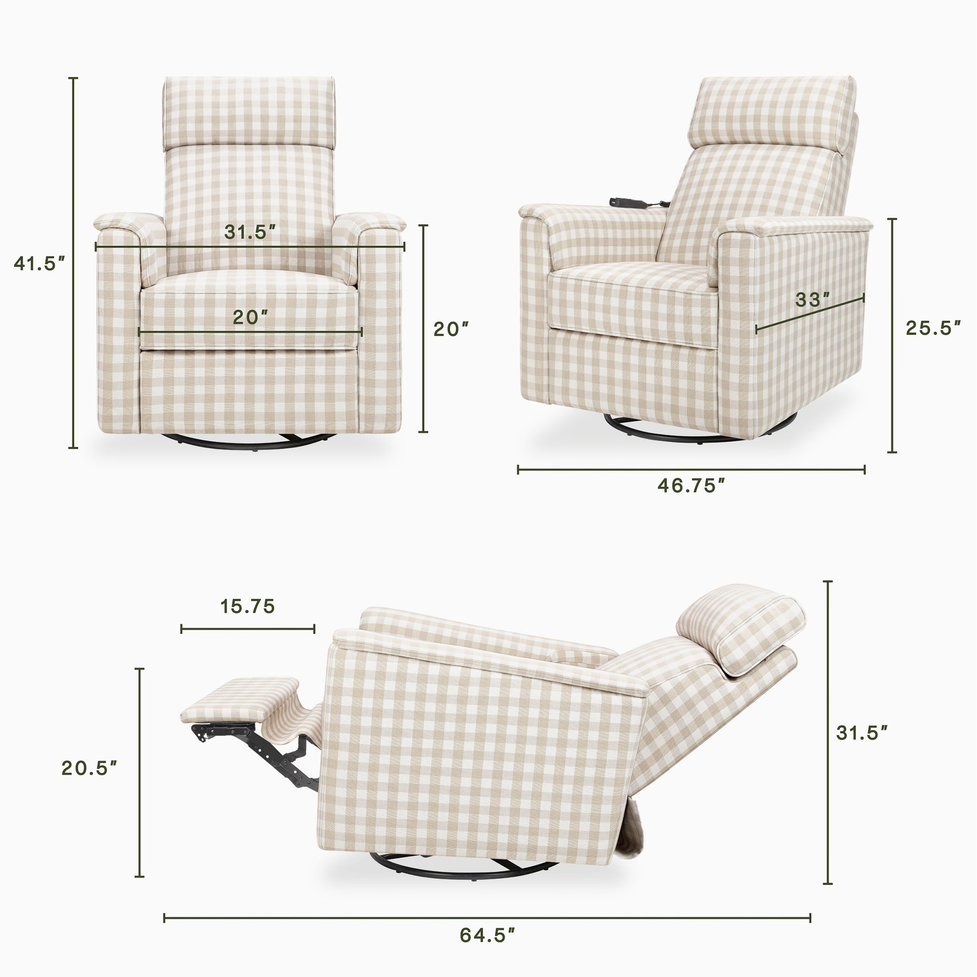 M17183TGH,Namesake,Willa Deluxe Power Glider Recliner w/Heat&Massage in Tan Gingham