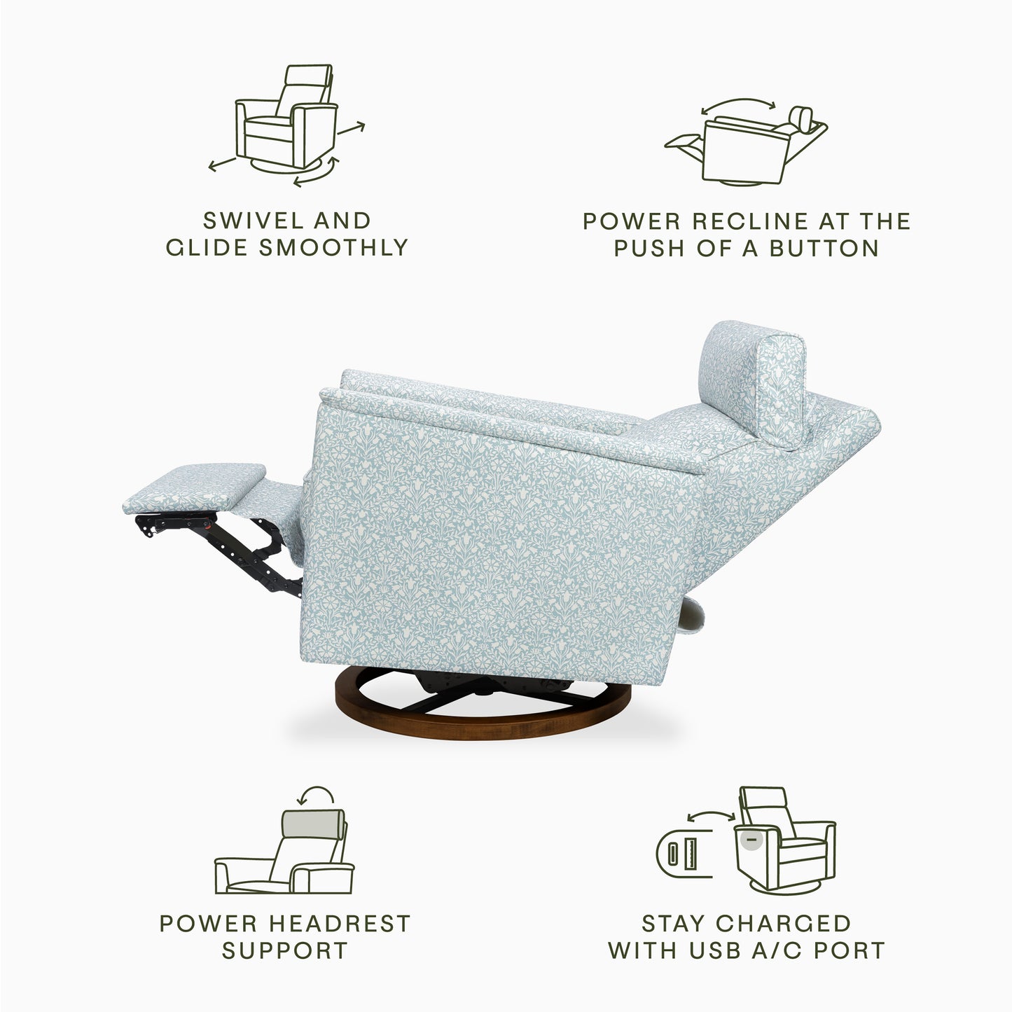 M17186BPBDB,Namesake,Willa Plus Power Glider Recliner w/ Power Headrest in Bellflowers in Powdered Blue w/ Dark Wood Base