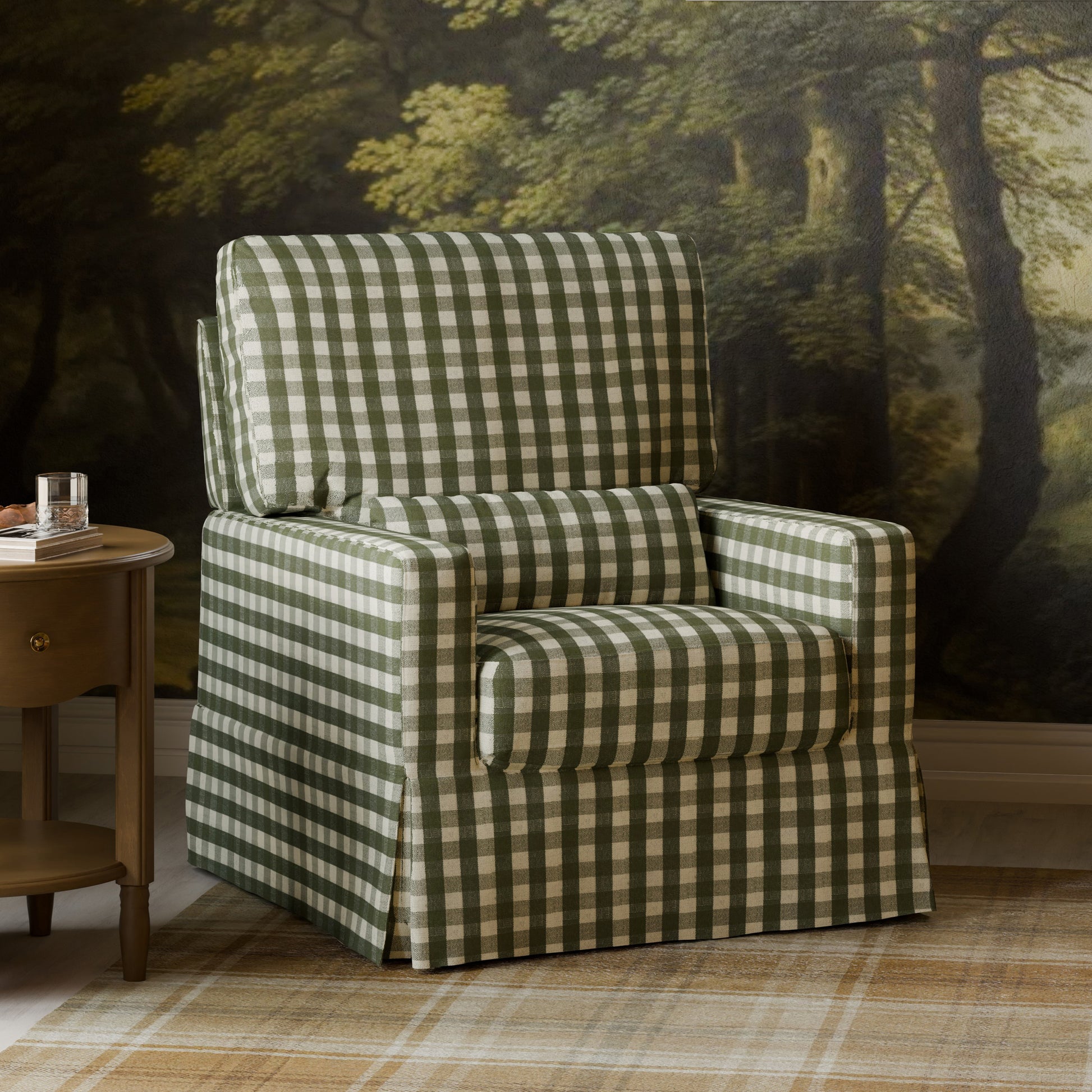 M21787GGH,Namesake,Crawford Pillowback Comfort Swivel Glider in Moss Green Gingham
