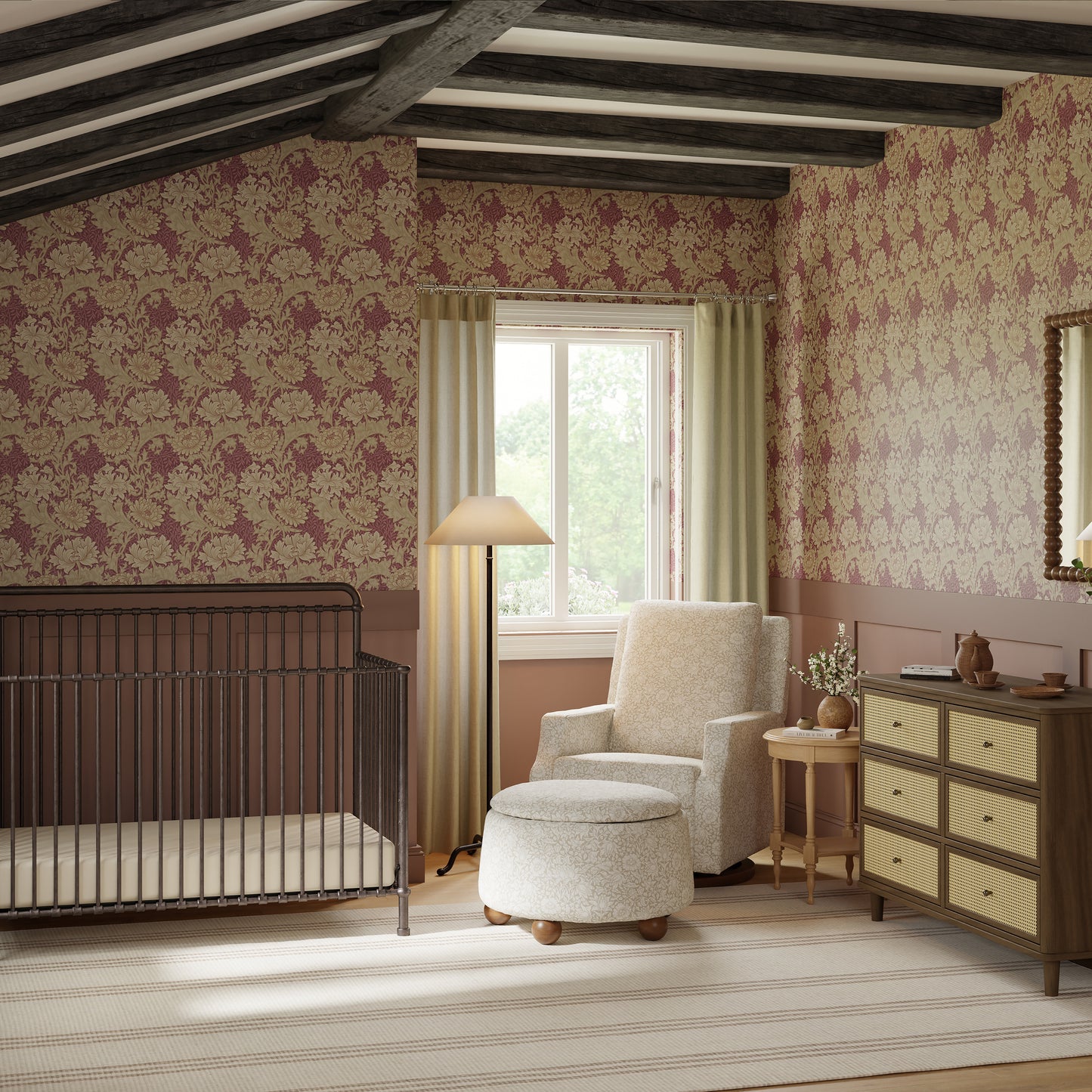 M30985MADF,Namesake,Tuffet Storage Ottoman Mallow in Ash w/ Dark Wood Ball Feet