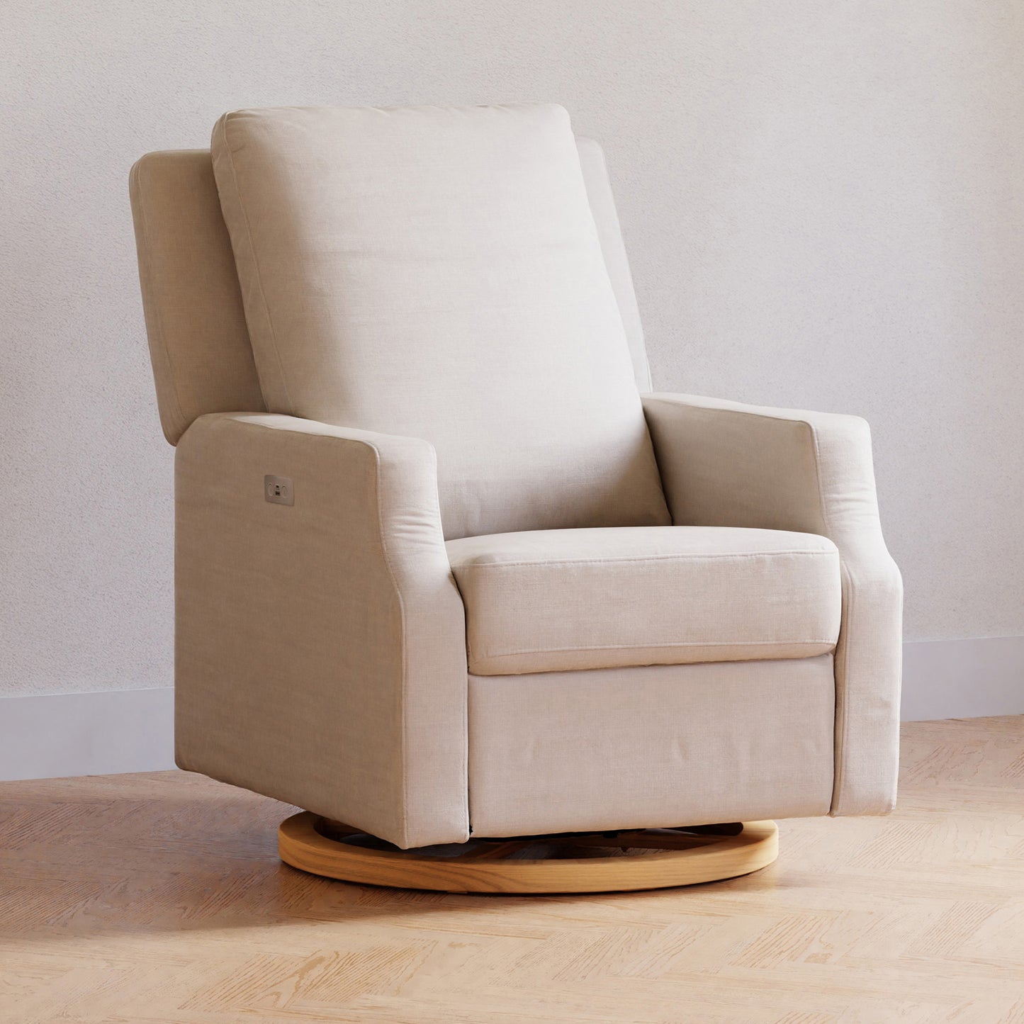 M22286PCMEWLB,Namesake,Crewe Electronic Swivel Glider Recliner in Performance Cream Eco-Weave w/Light Wood Base