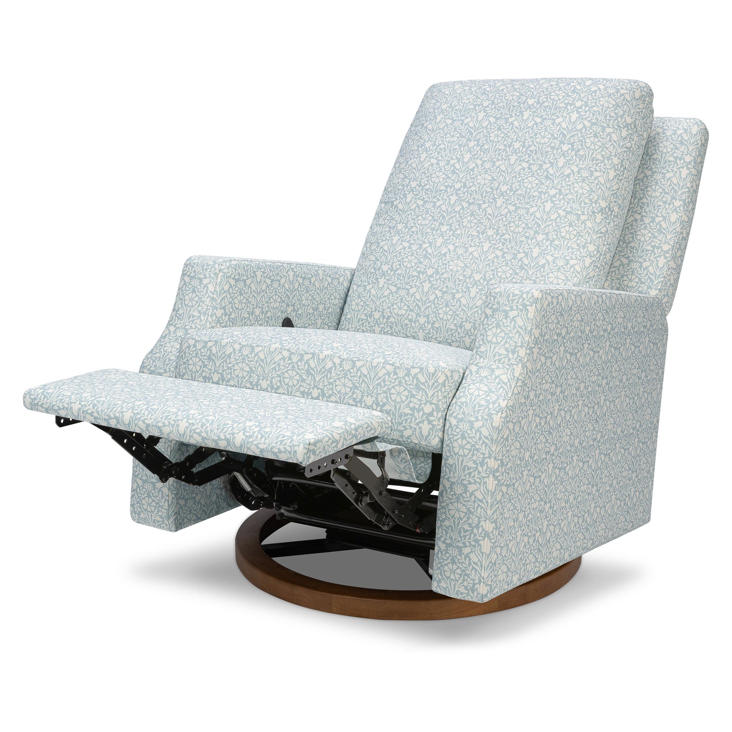 M22287BPBDB,Namesake,Crewe Recliner and Swivel Glider in Bellflowers in Powdered Blue w/Dark Wood Base