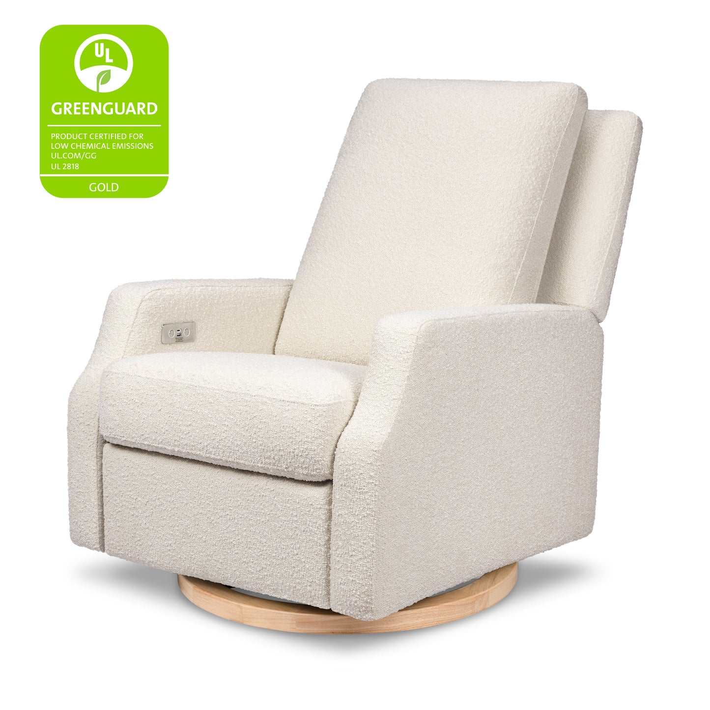 M22286WBLB,Crewe Electronic Swivel Glider Recliner in Ivory Boucle w/Light Wood Base